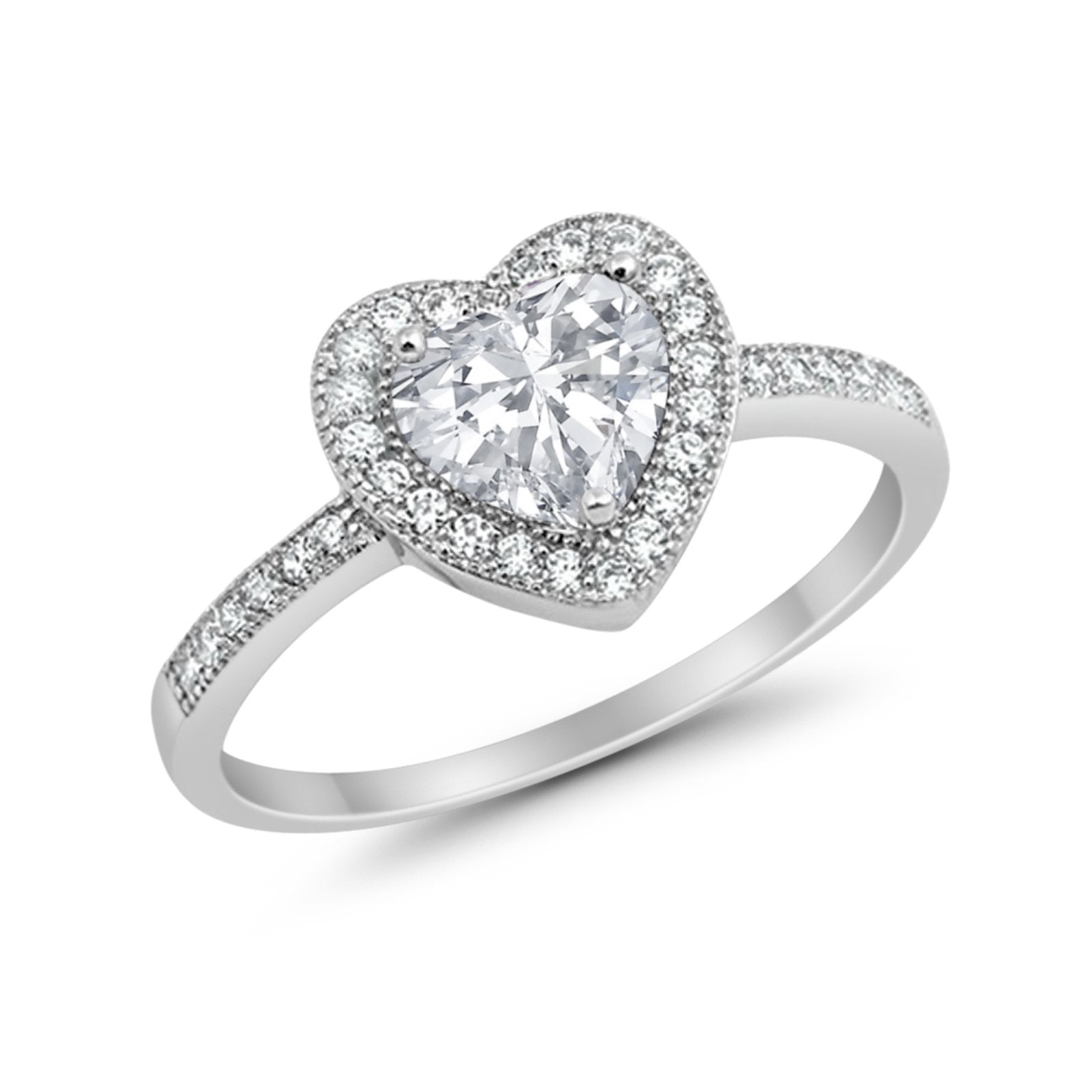 Halo Dazzling Heart Promise Ring Round Simulated CZ 925 Sterling Silver