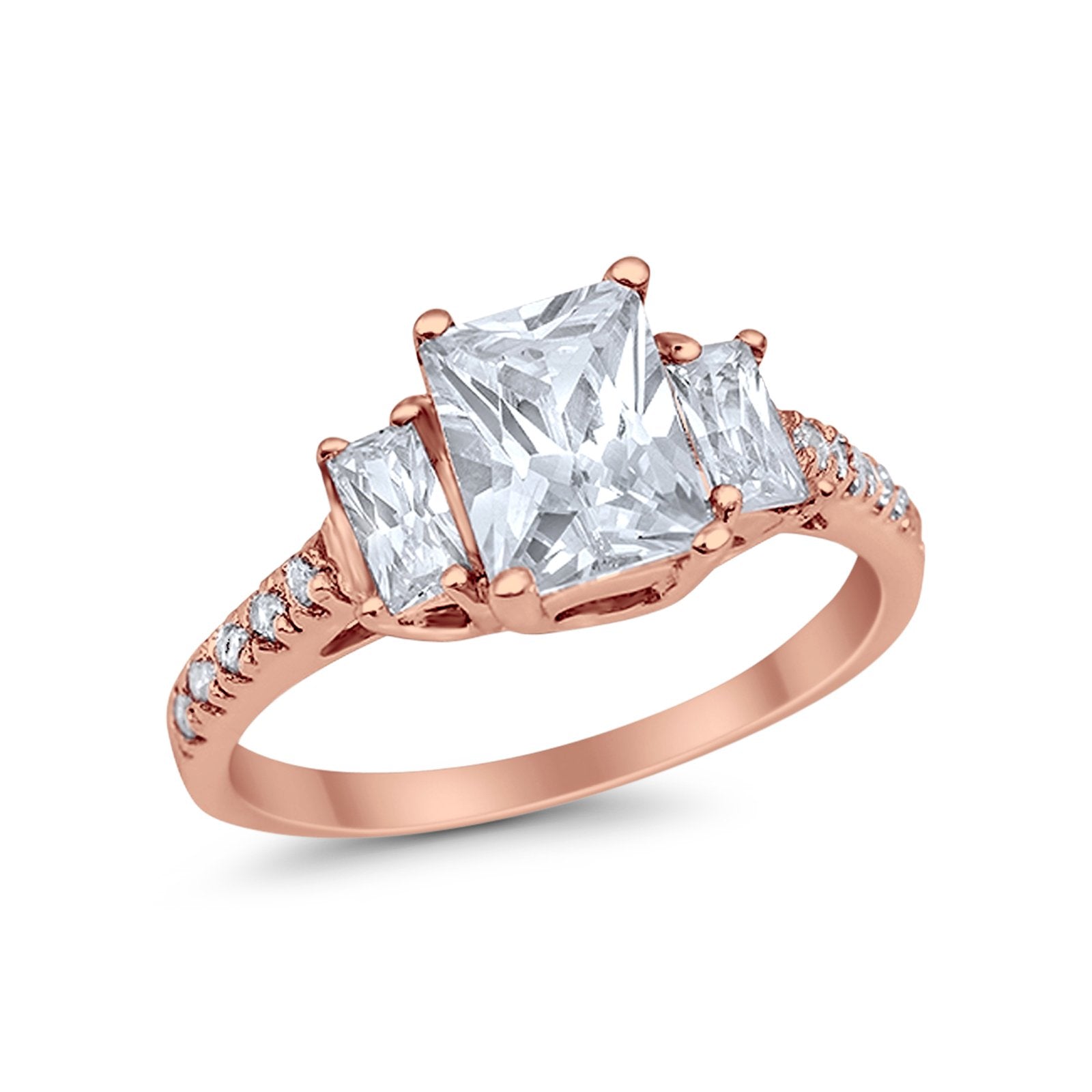 Emerald Cut Engagement Ring Round Simulated Cubic Zirconia 925 Sterling Silver