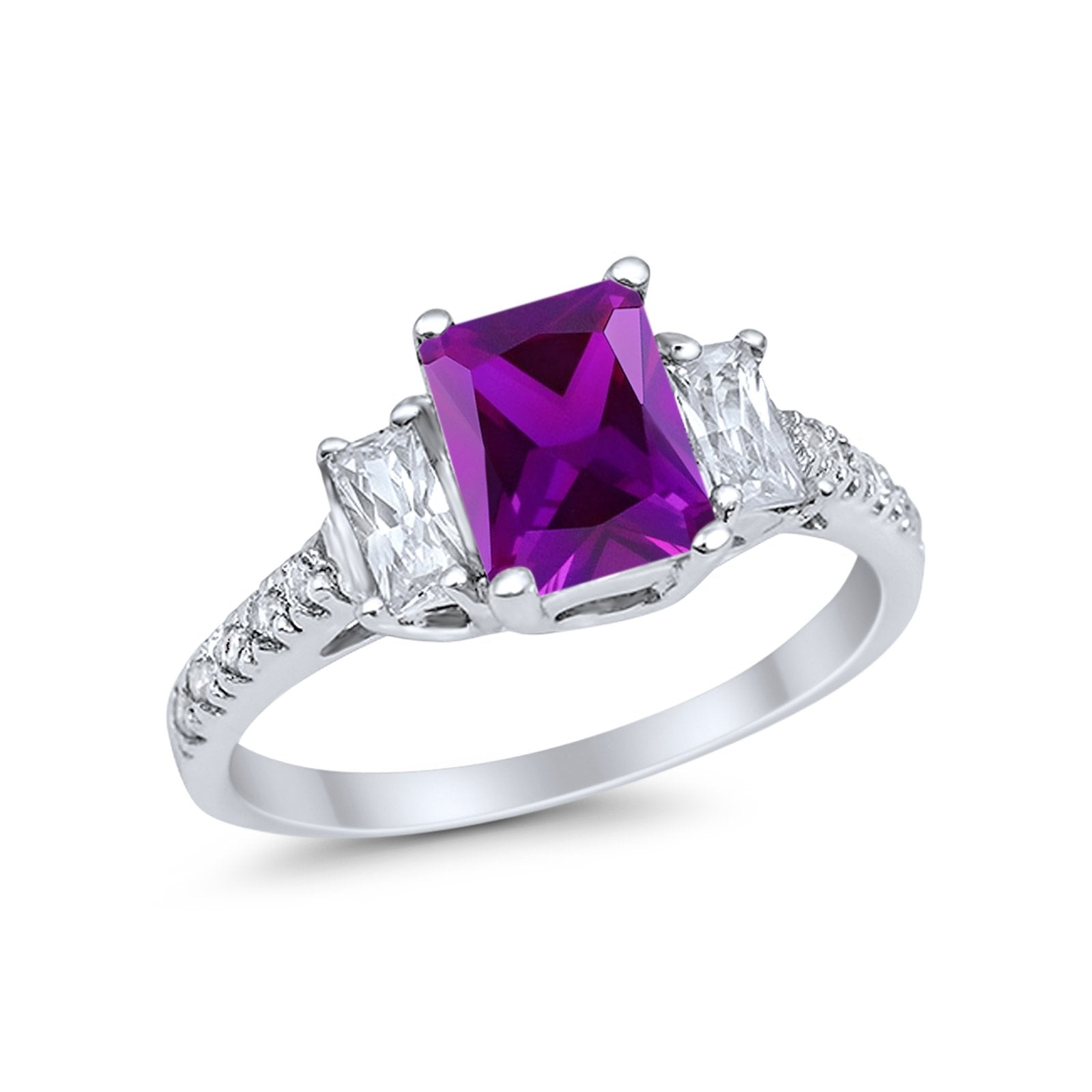 Emerald Cut Engagement Ring Round Simulated Cubic Zirconia 925 Sterling Silver