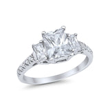 Emerald Cut Engagement Ring Round Simulated Cubic Zirconia 925 Sterling Silver