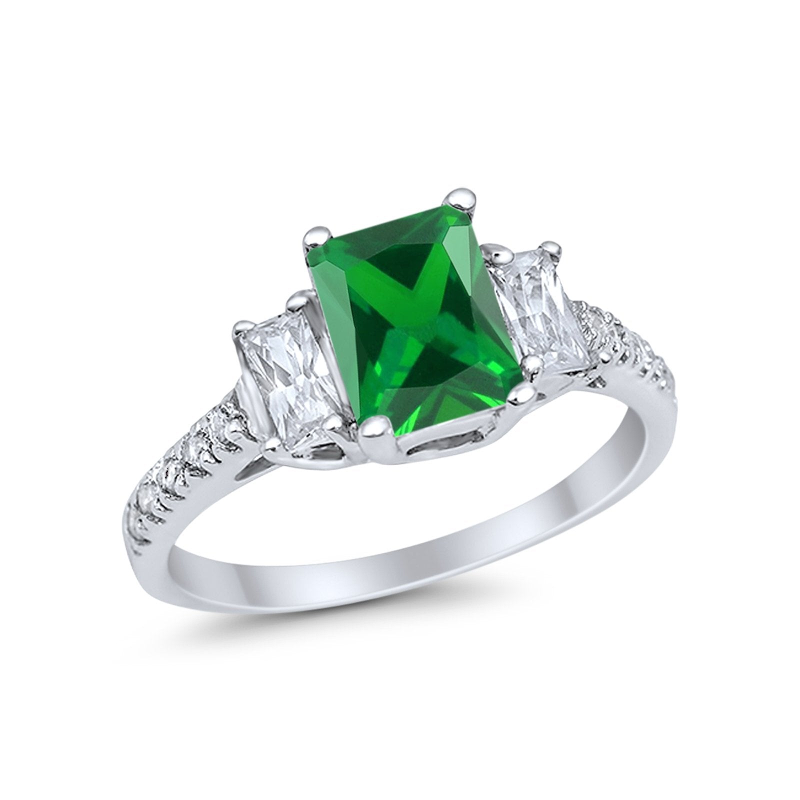 Emerald Cut Engagement Ring Round Simulated Cubic Zirconia 925 Sterling Silver