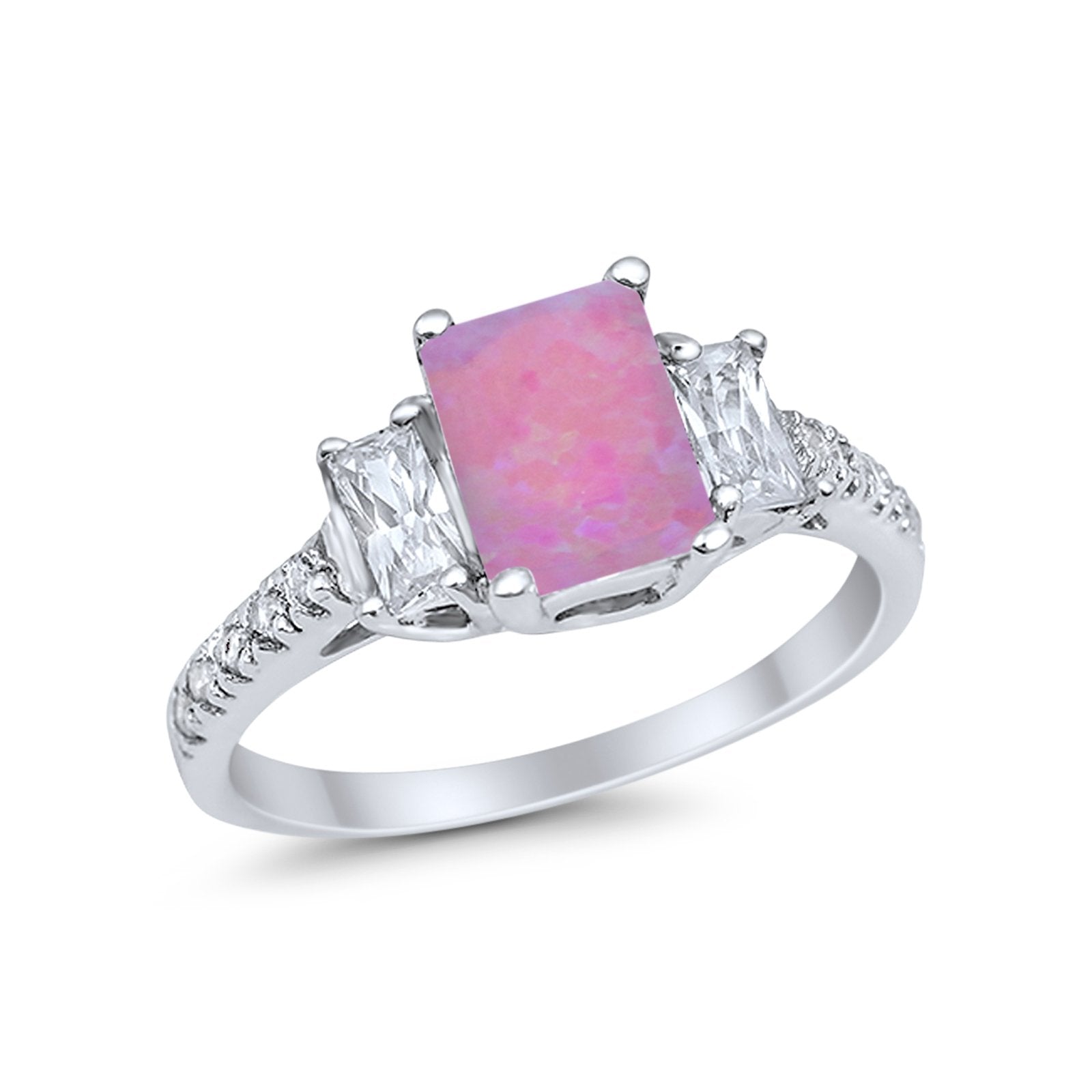 Emerald Cut Engagement Ring Round Simulated Cubic Zirconia 925 Sterling Silver