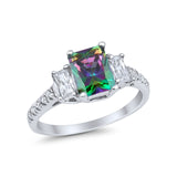 Emerald Cut Engagement Ring Round Simulated Cubic Zirconia 925 Sterling Silver