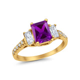 Emerald Cut Engagement Ring Round Simulated Cubic Zirconia 925 Sterling Silver