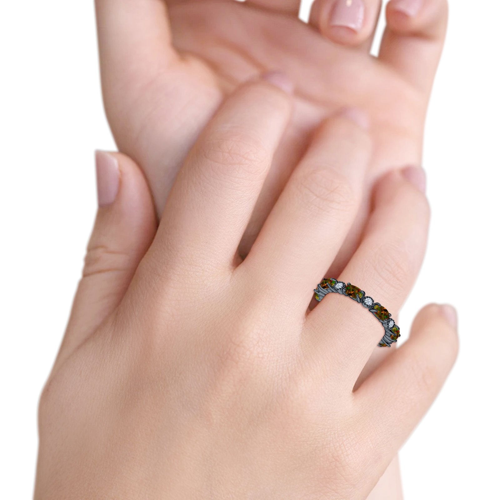 Full Eternity Stackable Band Ring Oval Created Opal 925 Sterling Silver