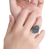 Filigree Leaves Circle Charm Tree of Life Statement Oxidized Band Solid 925 Sterling Silver Thumb Ring (27.5mm)
