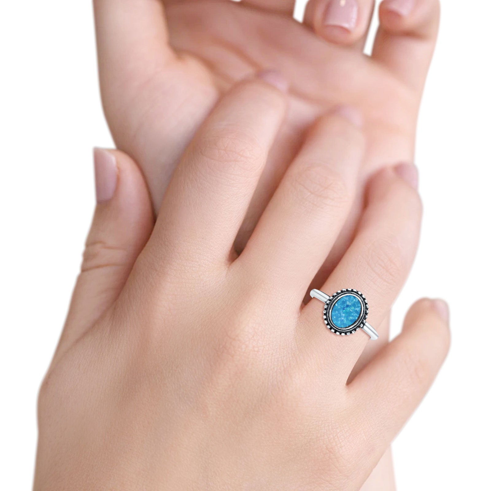 Petite Dainty Lab Opal Ring Solid Round Oxidized 925 Sterling Silver