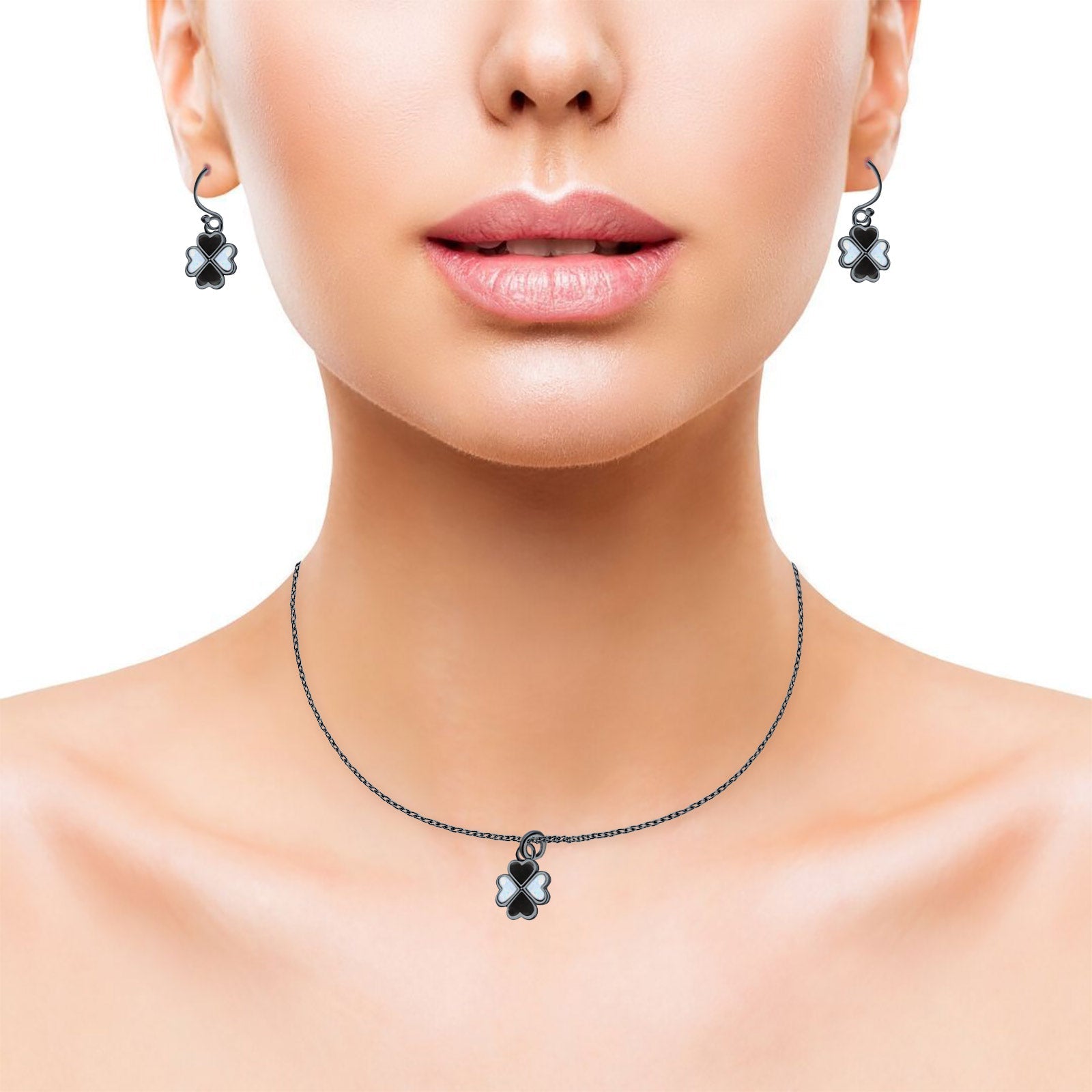 Clover Jewelry Matching Set Pendant Drop Dangle Earring Heart Created Opal 925 Sterling Silver