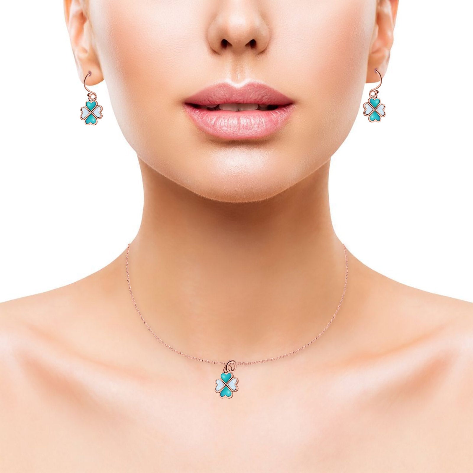 Clover Jewelry Matching Set Pendant Drop Dangle Earring Heart Created Opal 925 Sterling Silver