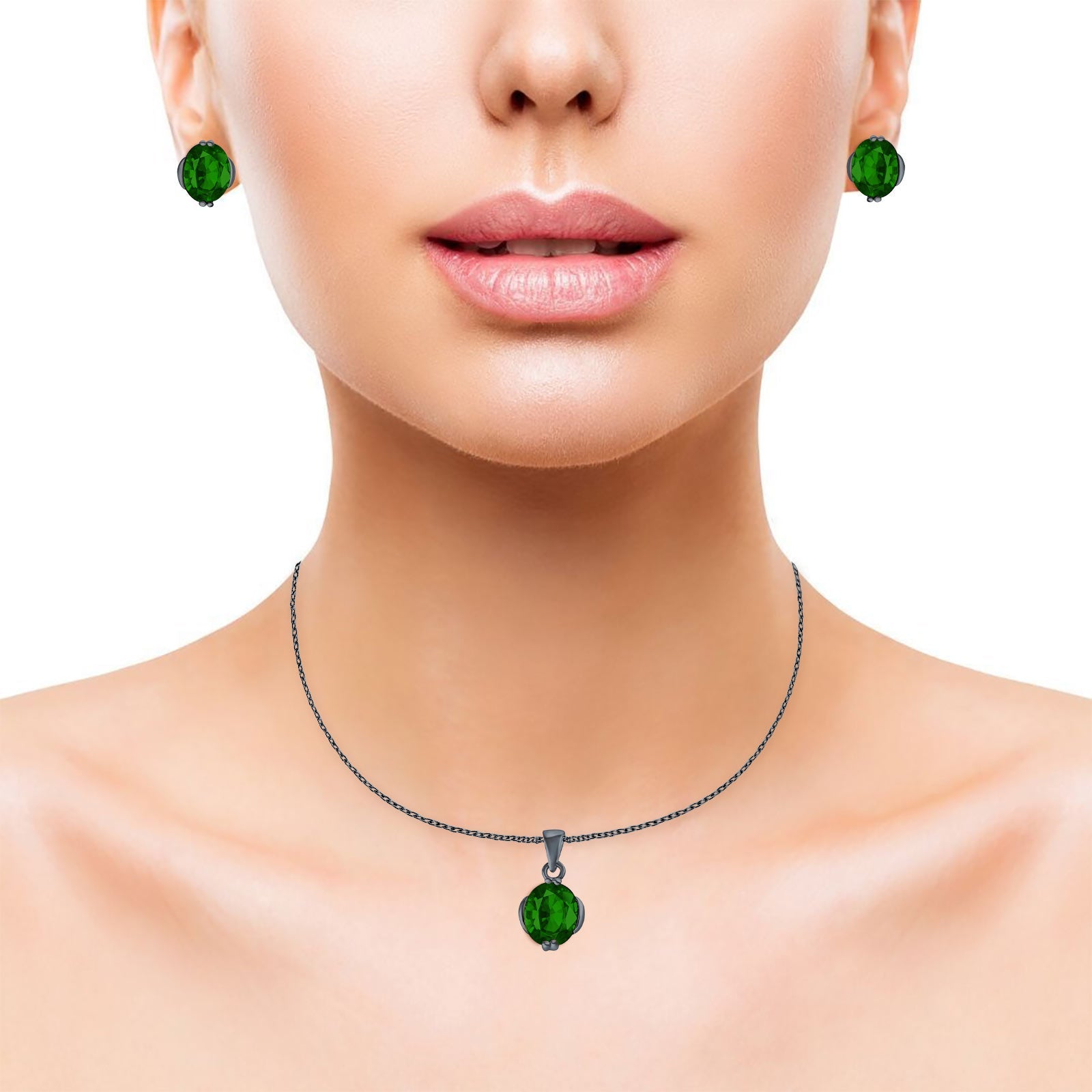 Jewelry Matching Set Pendant Earring Oval Simulated CZ 925 Sterling Silver