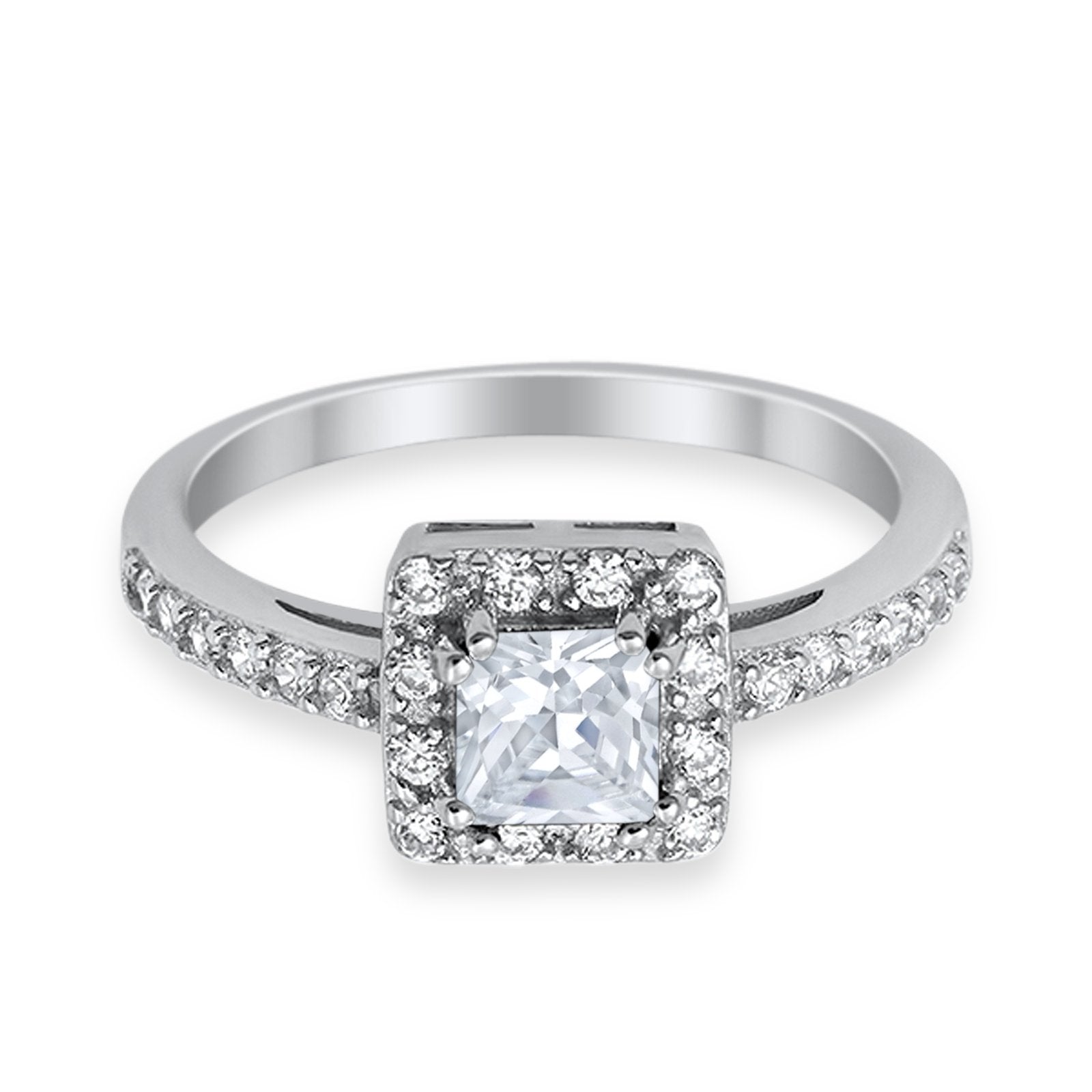 Halo Engagement Ring Princess Cut Simulated CZ 925 Sterling Silver