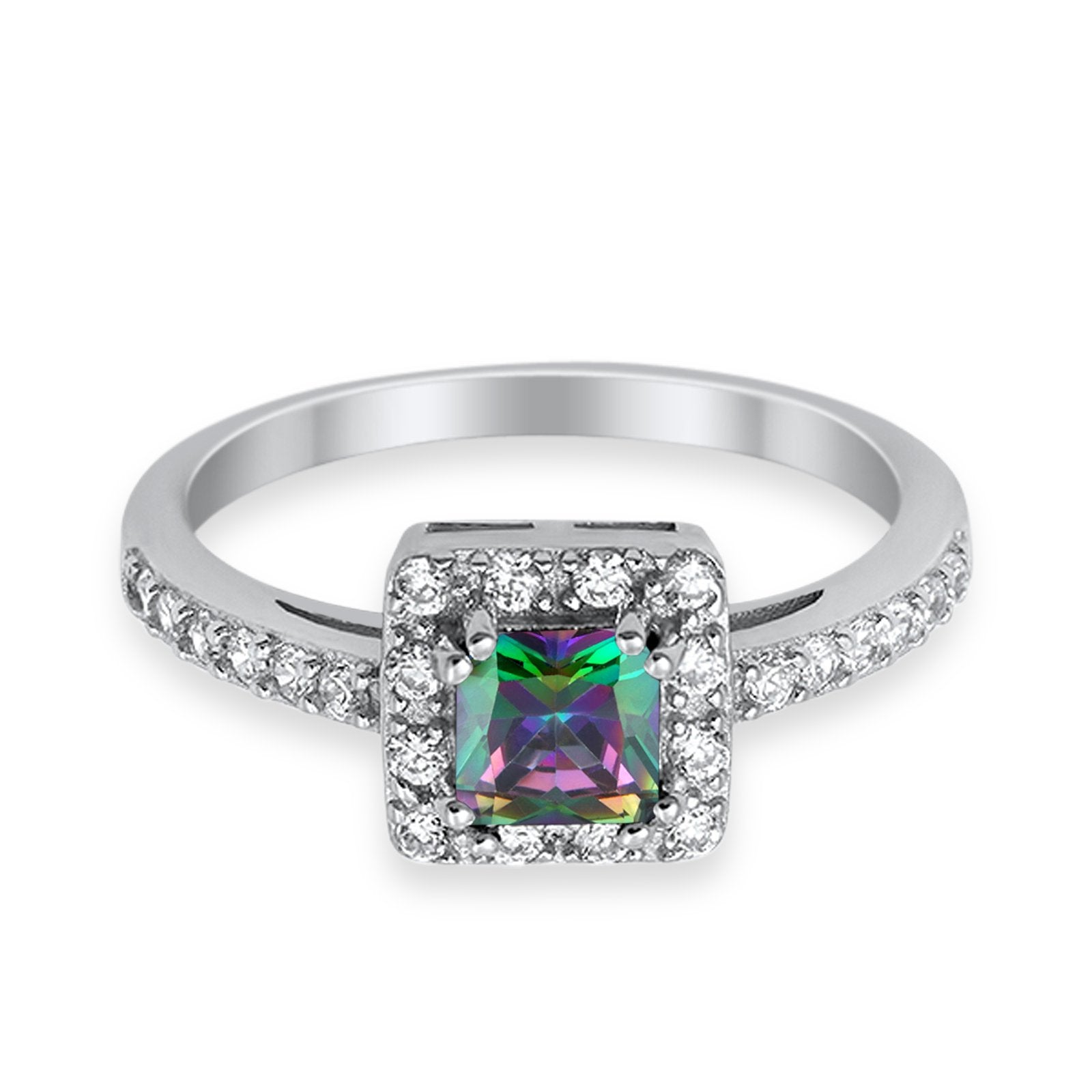 Halo Engagement Ring Princess Cut Simulated CZ 925 Sterling Silver