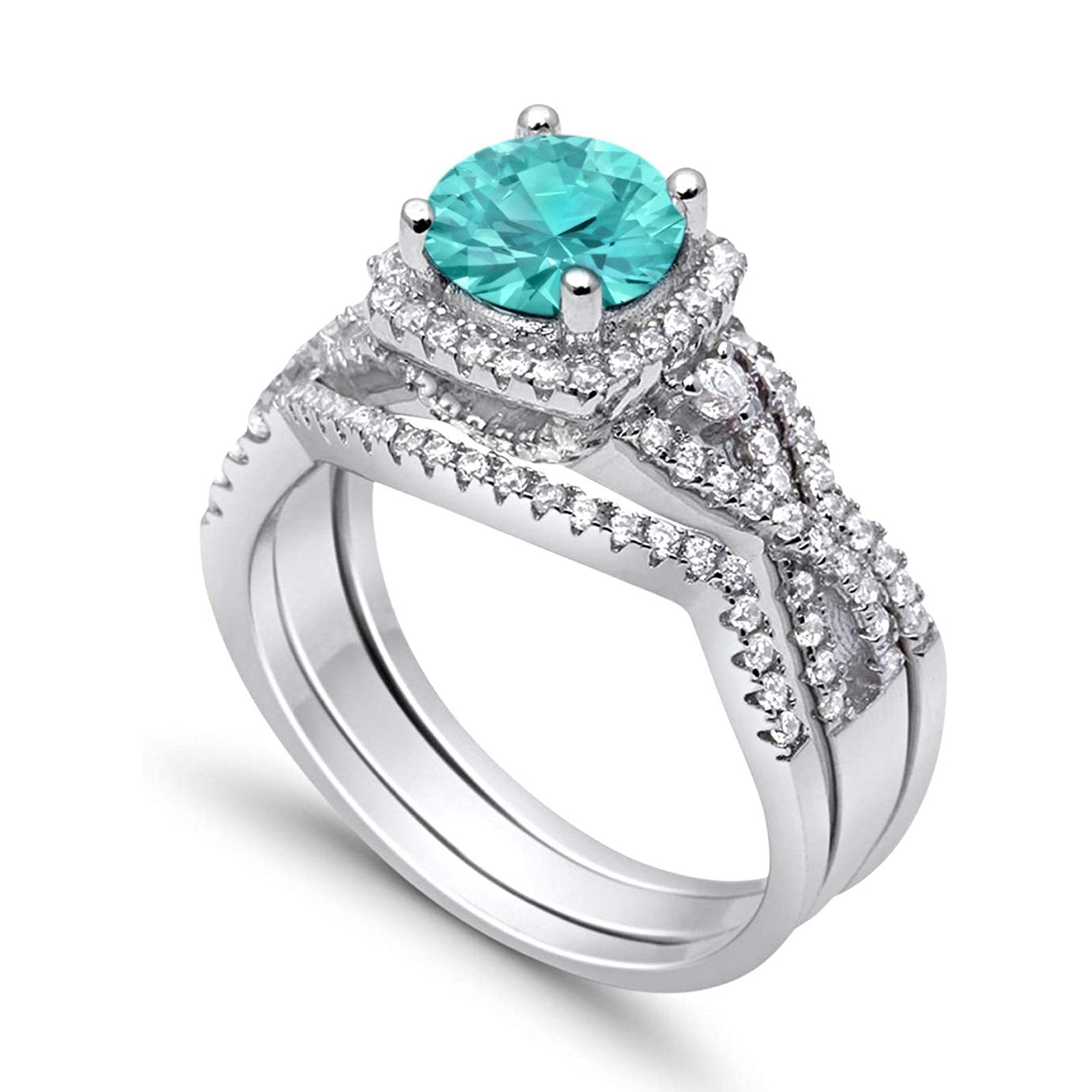 Halo Wedding Trio Piece Ring Simulated Cubic Zirconia 925 Sterling Silver