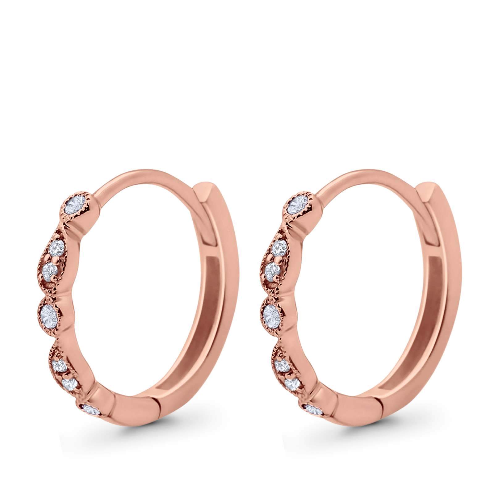 14K Gold Art Deco Huggie Hoop Vintage Round 0.13 TCW G SI Diamond Blue Sapphire Earrings