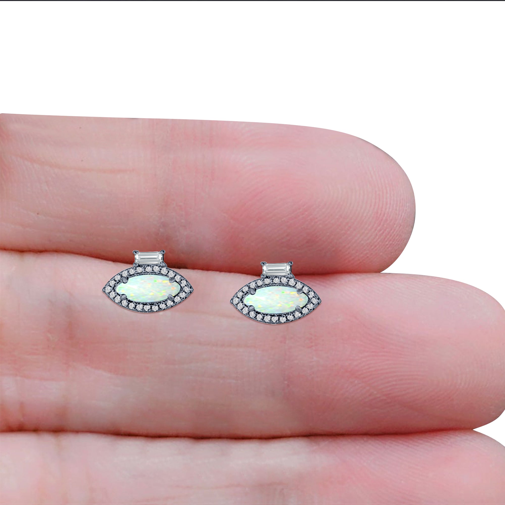 Halo Marquise Art Deco Stud Earring Created Opal 925 Sterling Silver (10.9mm)