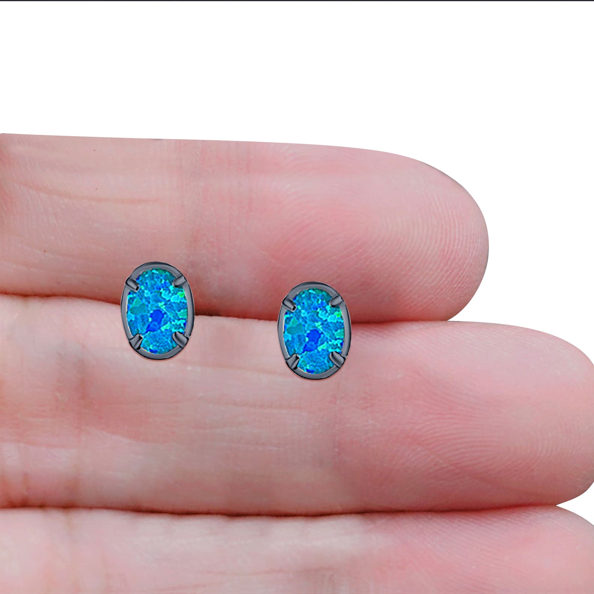 Art Deco Oval Stud Earring Created Opal Solid 925 Sterling Silver (8mm)
