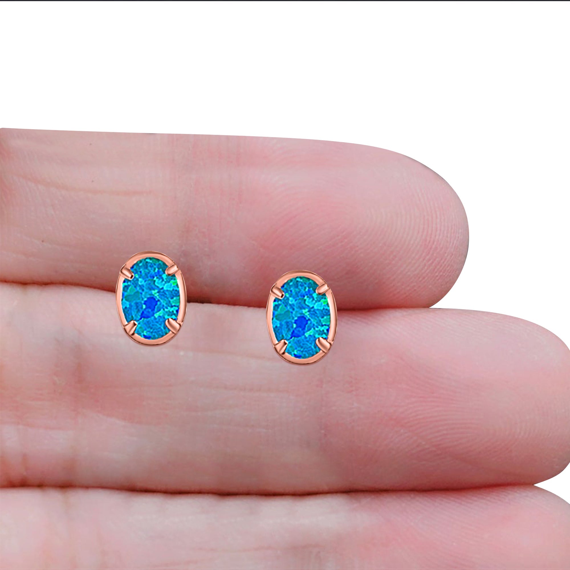Art Deco Oval Stud Earring Created Opal Solid 925 Sterling Silver (8mm)