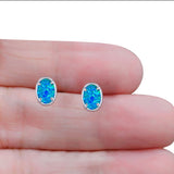 Art Deco Oval Stud Earring Created Opal Solid 925 Sterling Silver (8mm)