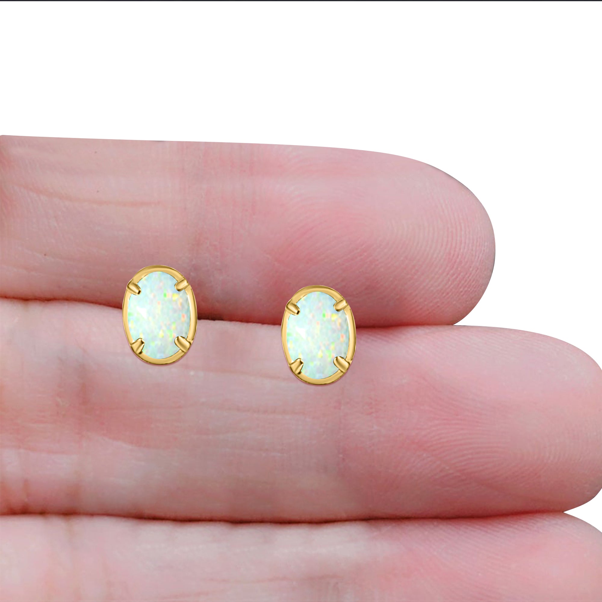 Art Deco Oval Stud Earring Created Opal Solid 925 Sterling Silver (8mm)