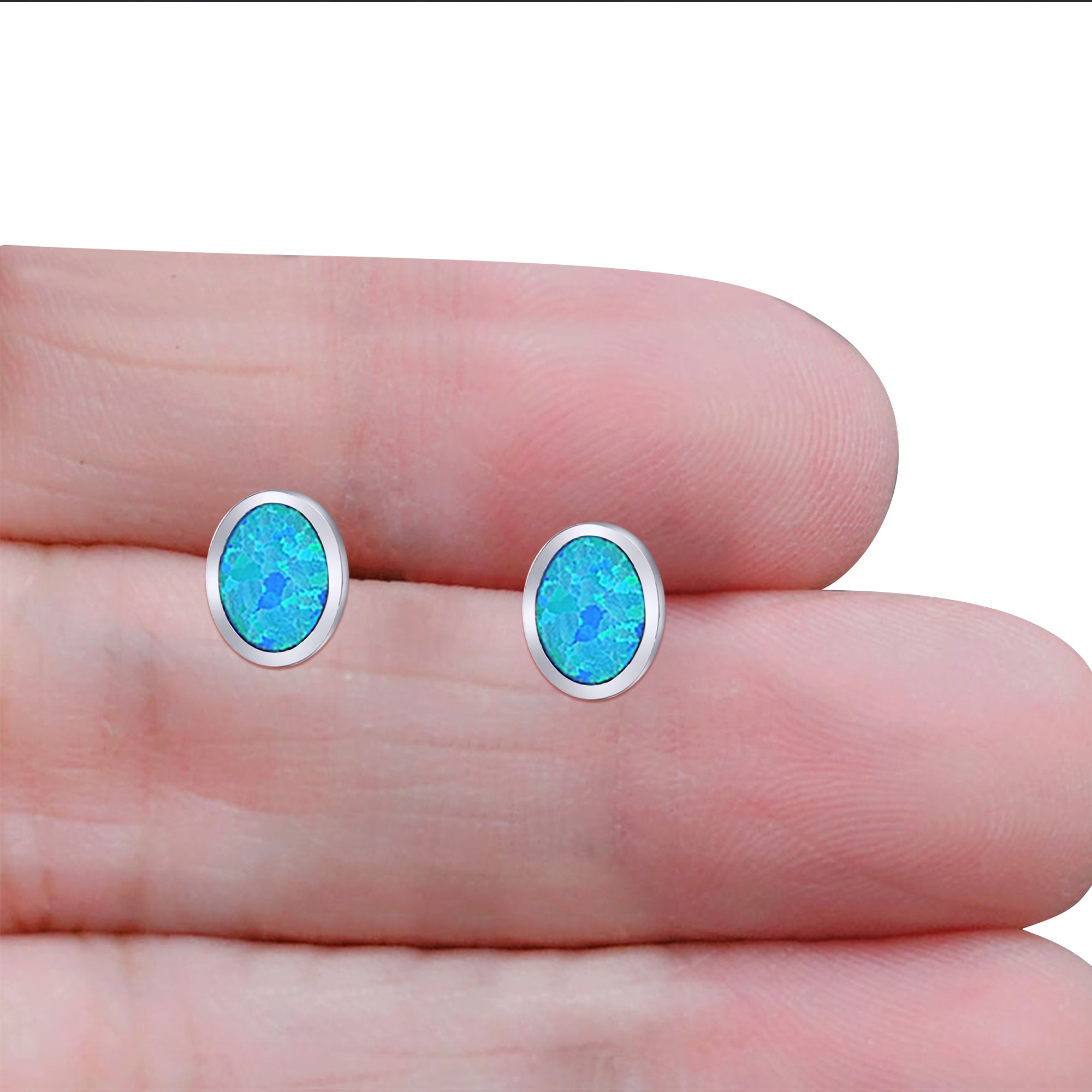 Oval Stud Earring Created Opal Solid 925 Sterling Silver (10mm)