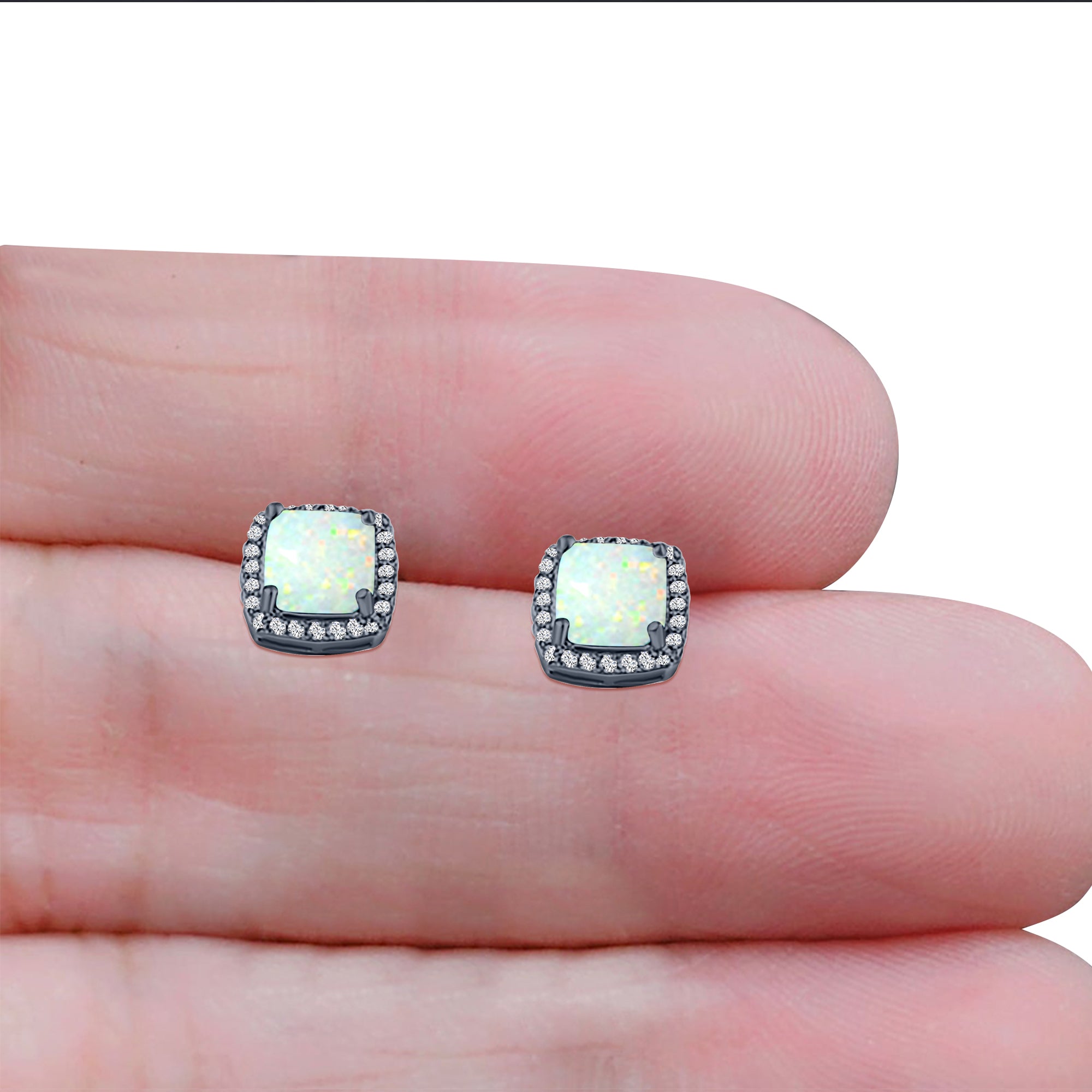 Halo Art Deco Cushion Cut Stud Earring Created Opal Solid 925 Sterling Silver (11mm)