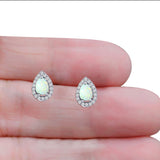 Halo Teardrop Bridal Pear Stud Earring Created Opal Solid 925 Sterling Silver (13mm)