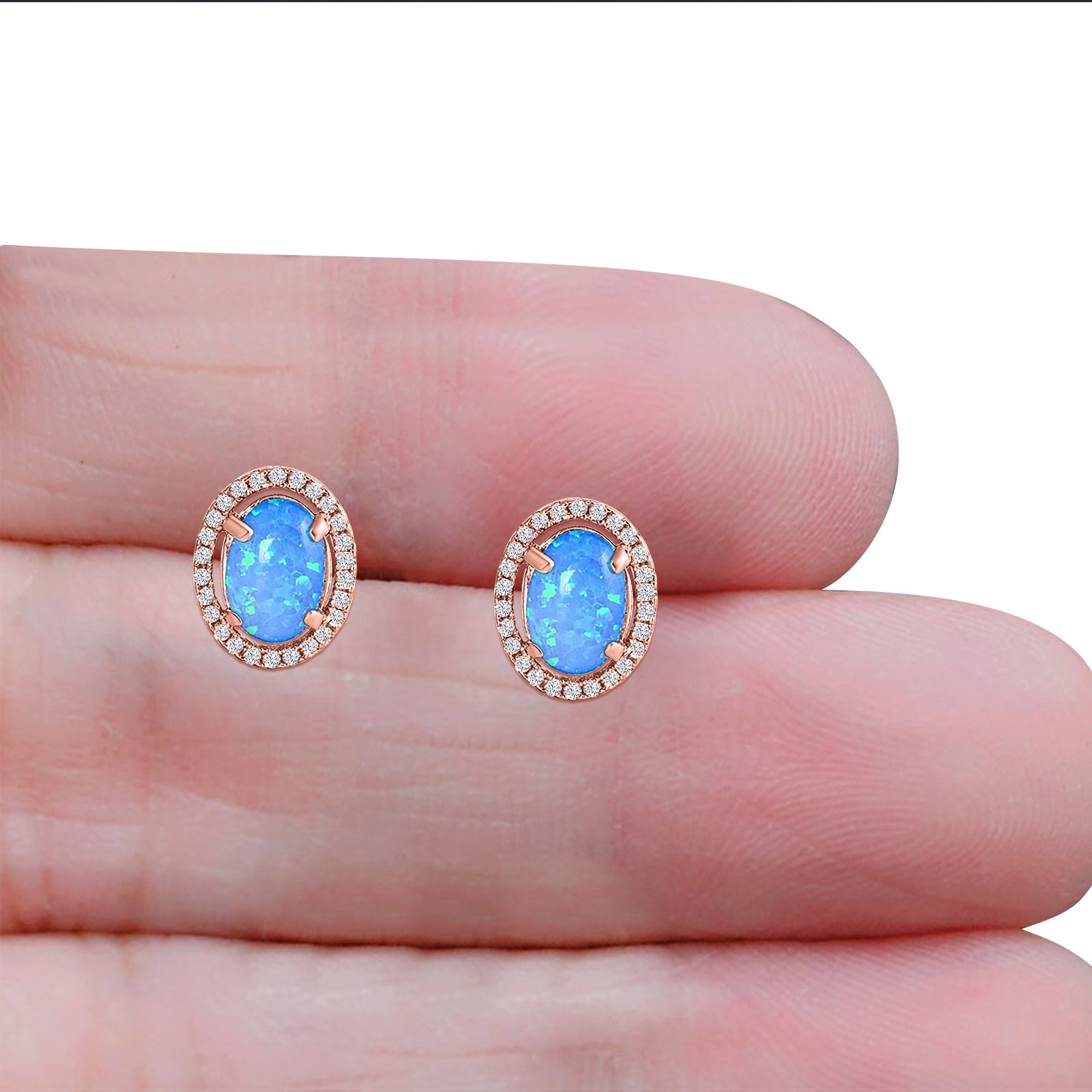 Halo Art Deco Oval Stud Earring Simulated Cubic Zirconia Created Opal Solid 925 Sterling Silver (15mm)