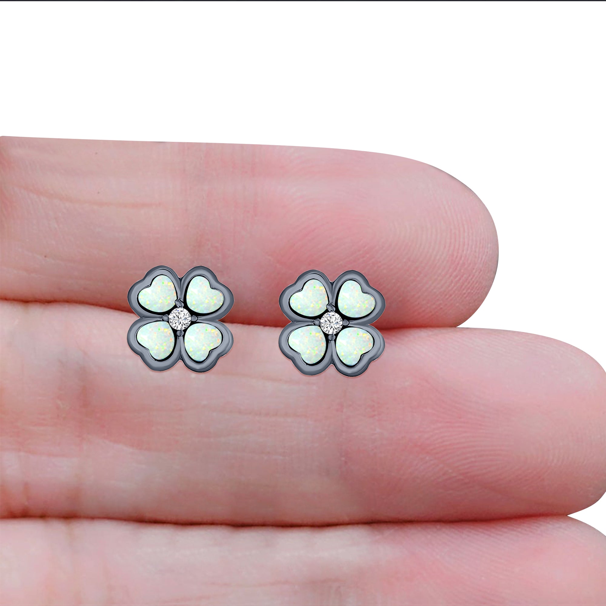 Plumeria Stud Earring Simulated Cubic Zirconia Created Opal Solid 925 Sterling Silver (9mm)