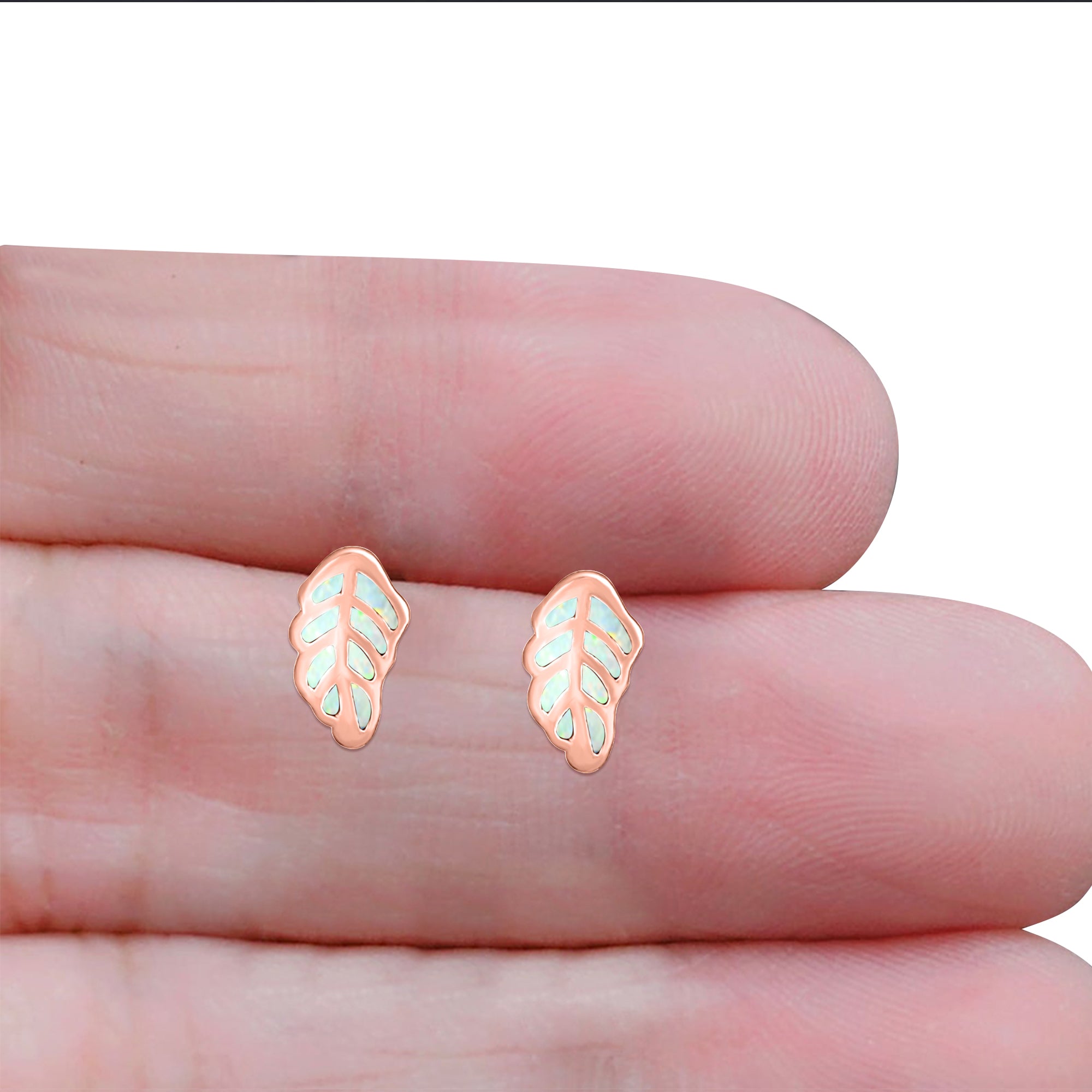 Leaf Stud Earring Created Opal Solid 925 Sterling Silver (10mm)