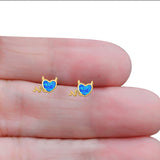Heart Devil Stud Earring Created Opal Solid 925 Sterling Silver (9.5mm)