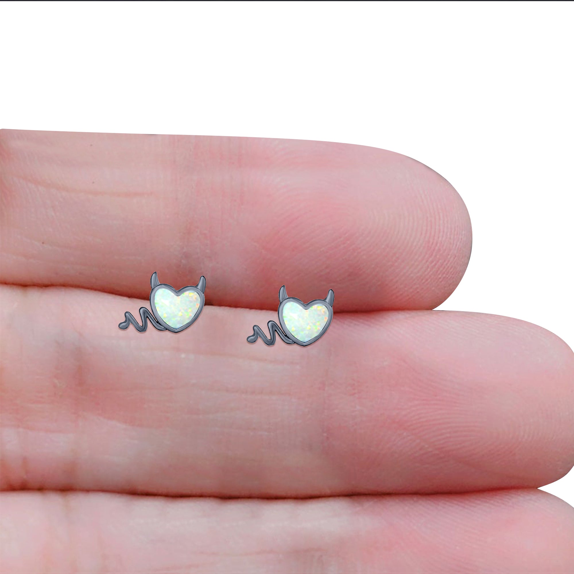Heart Devil Stud Earring Created Opal Solid 925 Sterling Silver (9.5mm)