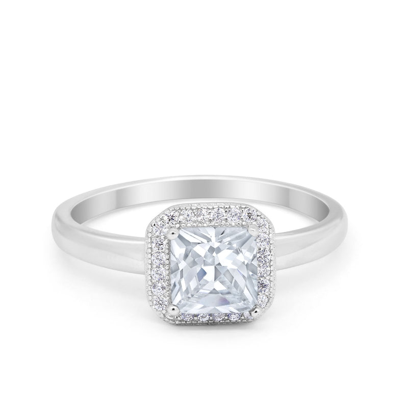 Halo Engagement Ring Simulated Cubic Zirconia 925 Sterling Silver