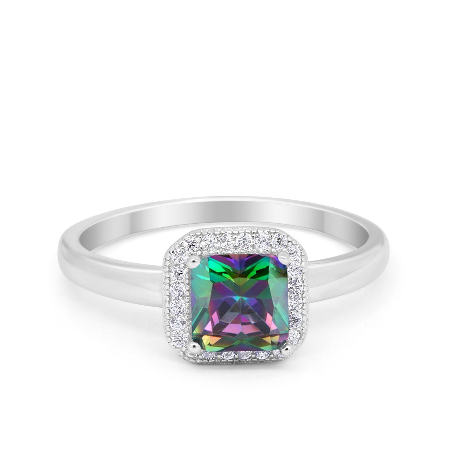 Halo Engagement Ring Simulated Cubic Zirconia 925 Sterling Silver