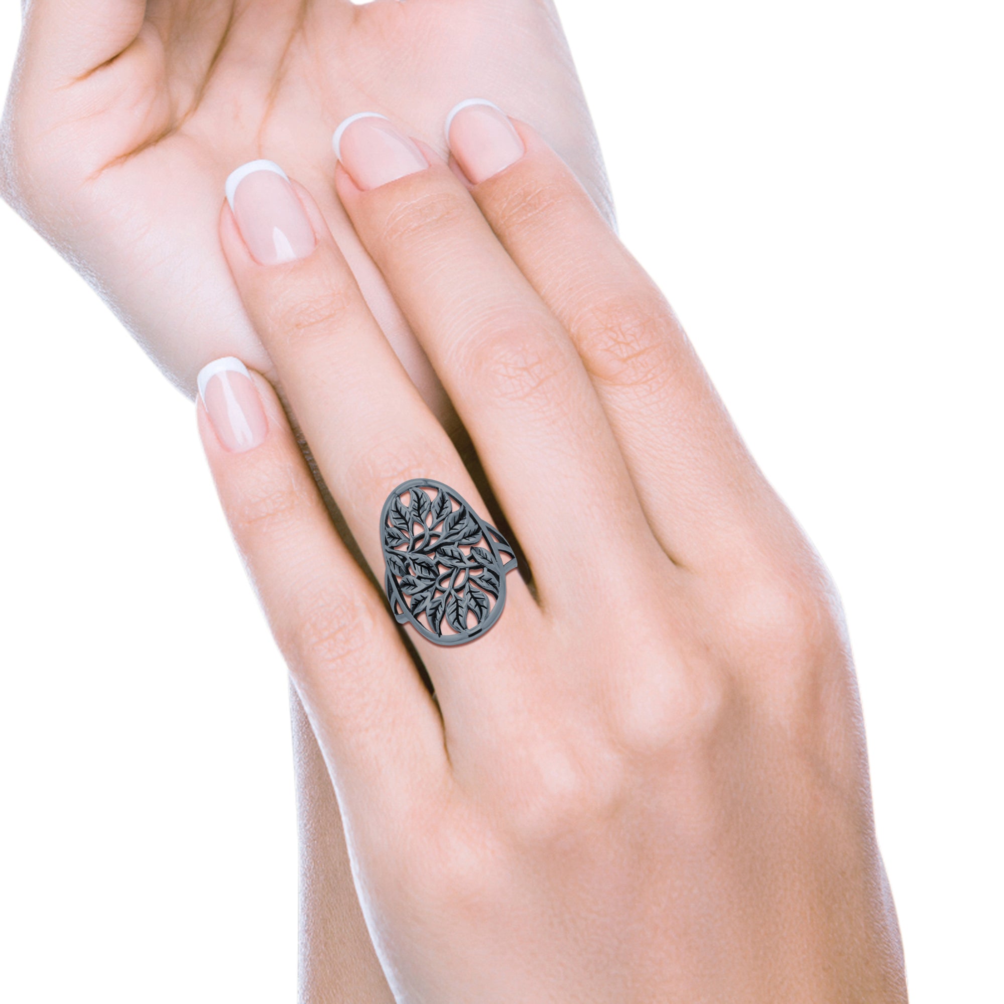 Filigree Leaves Circle Charm Tree of Life Statement Oxidized Band Solid 925 Sterling Silver Thumb Ring (27.5mm)