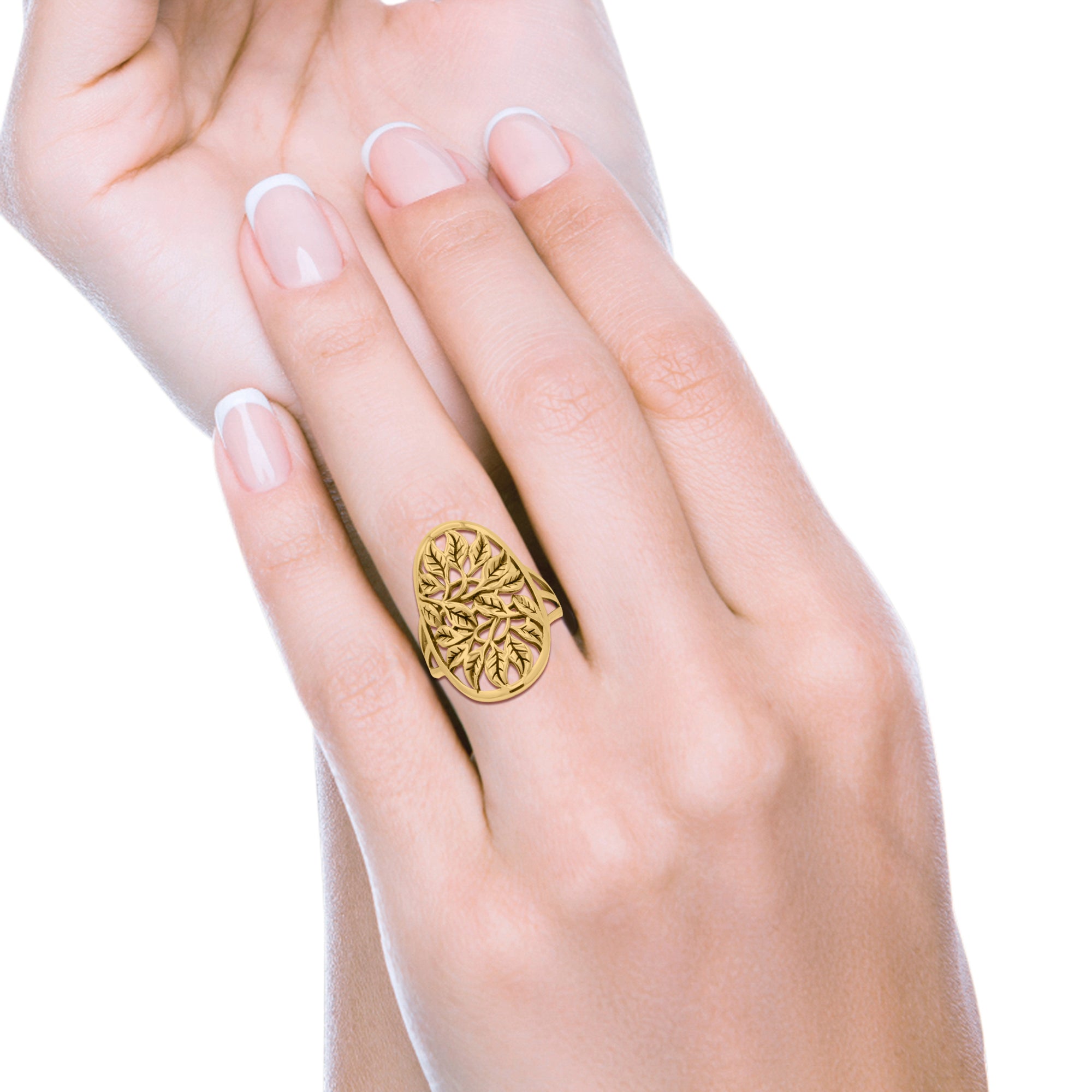 Filigree Leaves Circle Charm Tree of Life Statement Oxidized Band Solid 925 Sterling Silver Thumb Ring (27.5mm)