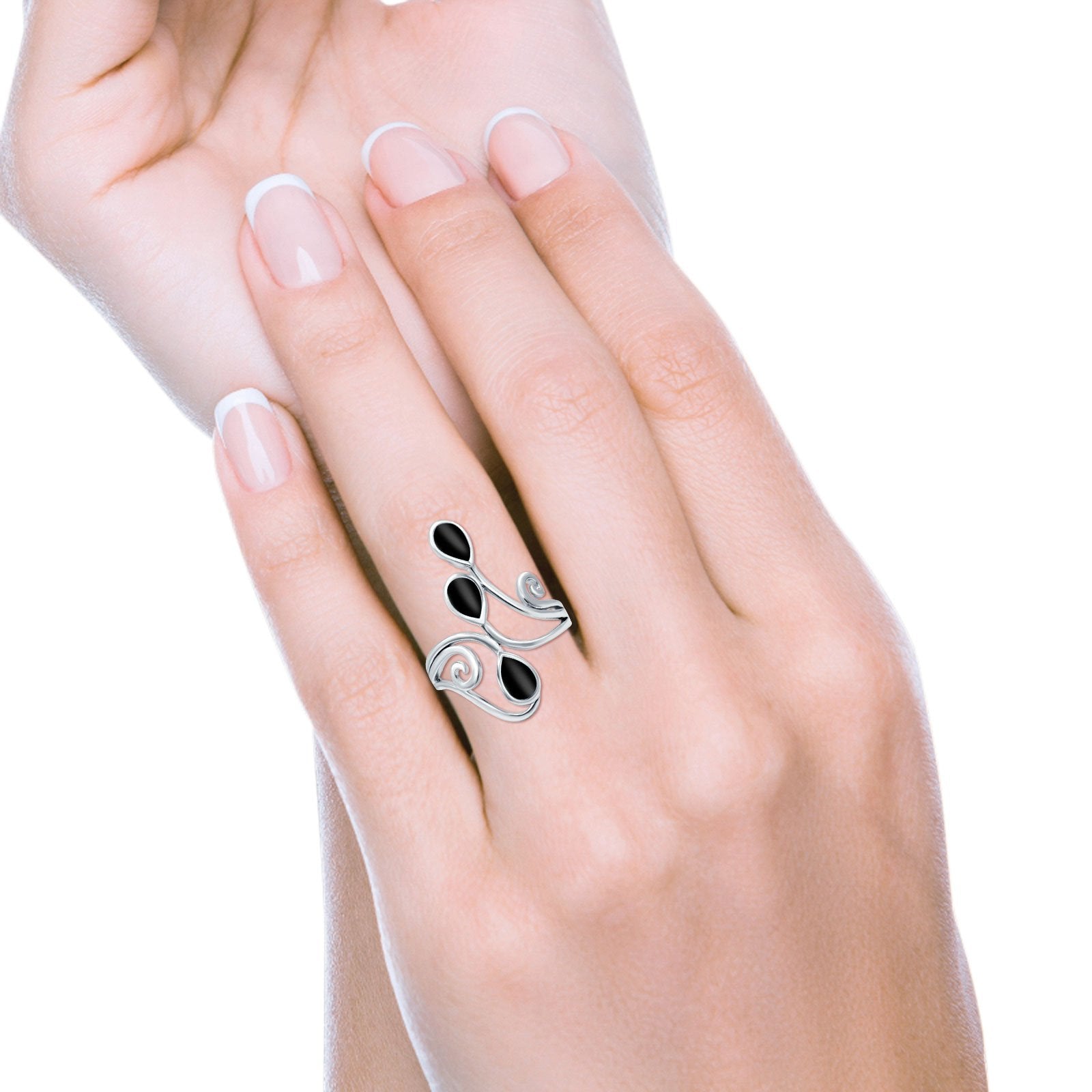 Fashion Teardrop Pear Swirl Spiral Ring Rhodium Plated Created Opal 925 Sterling Silver