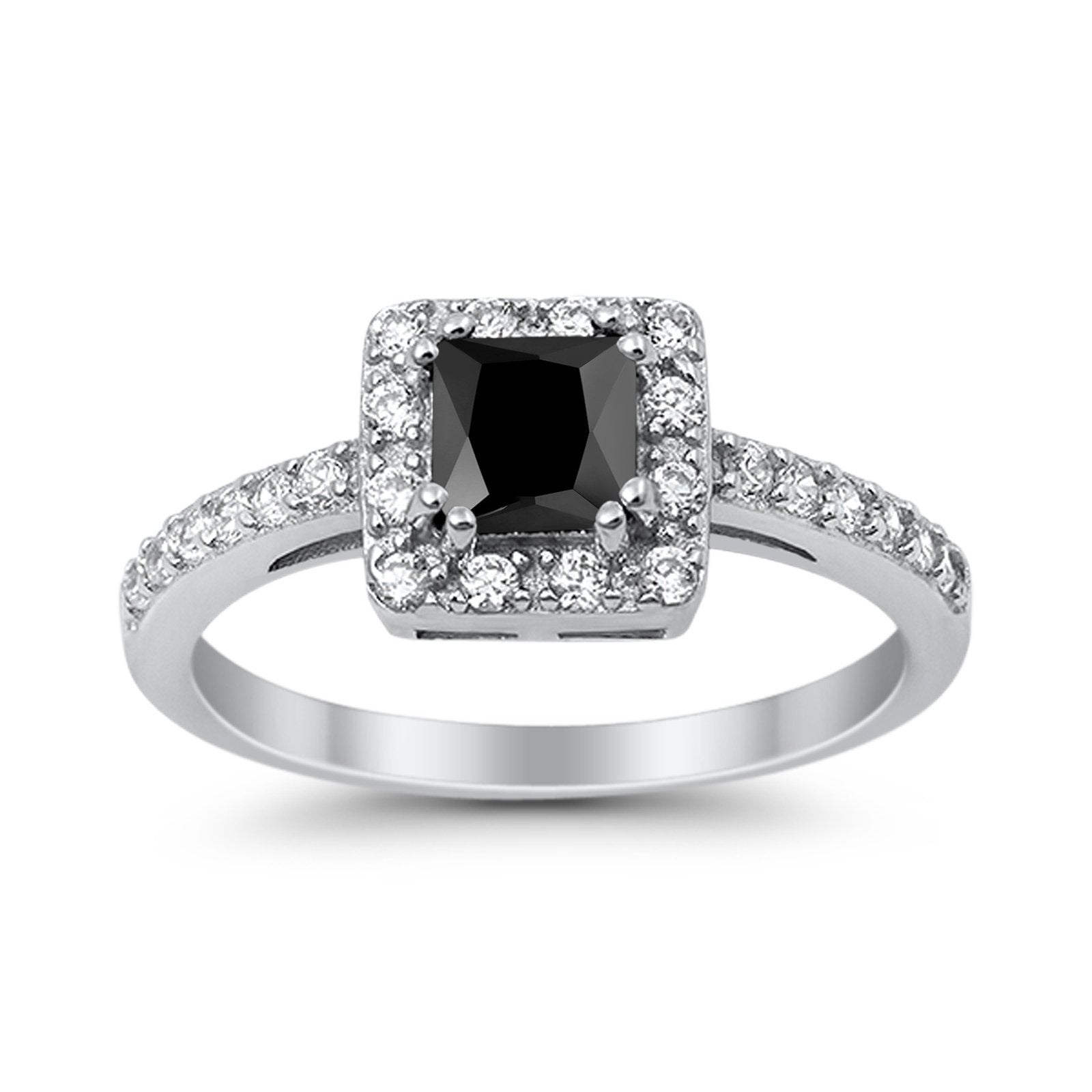 Halo Engagement Ring Princess Cut Simulated CZ 925 Sterling Silver