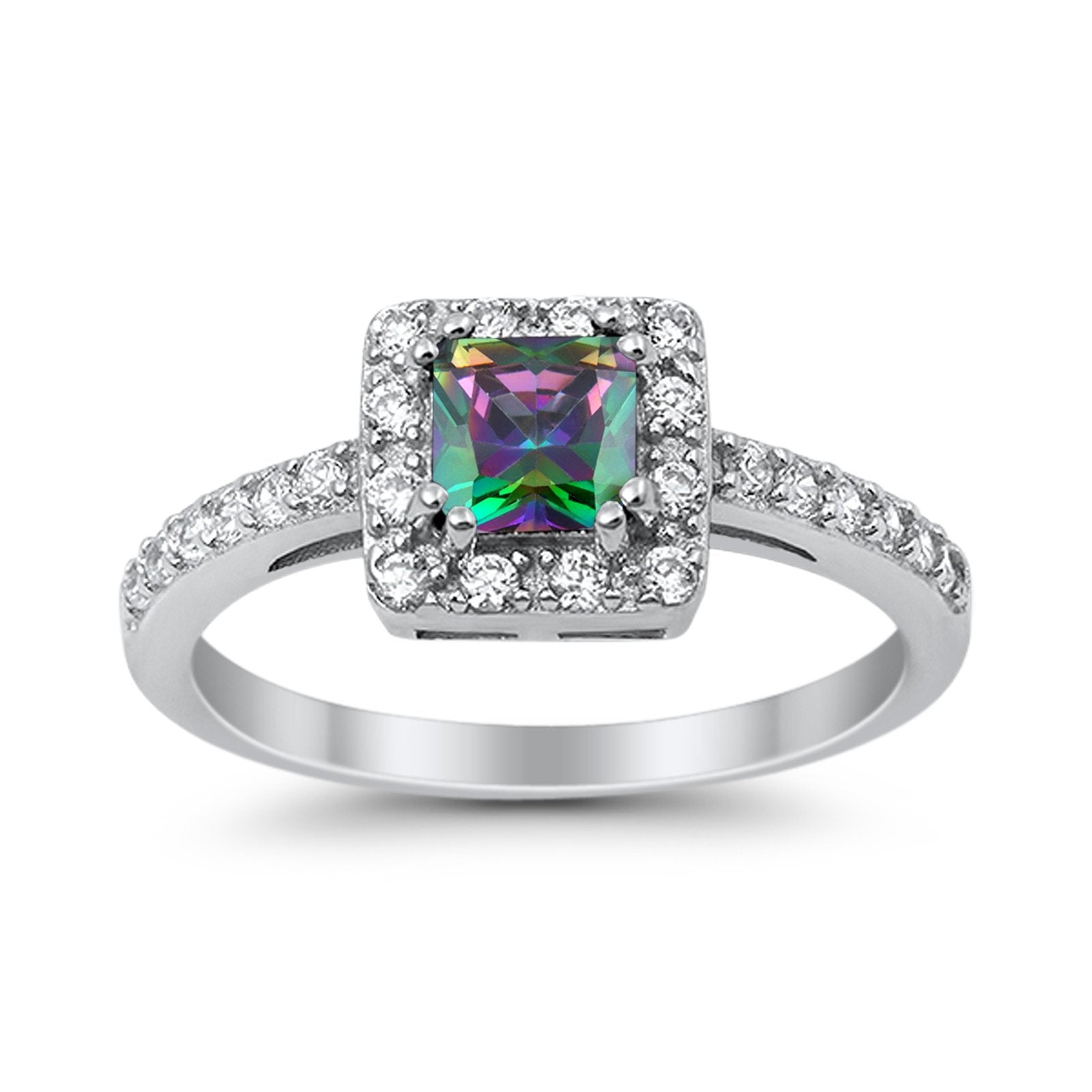 Halo Engagement Ring Princess Cut Simulated CZ 925 Sterling Silver