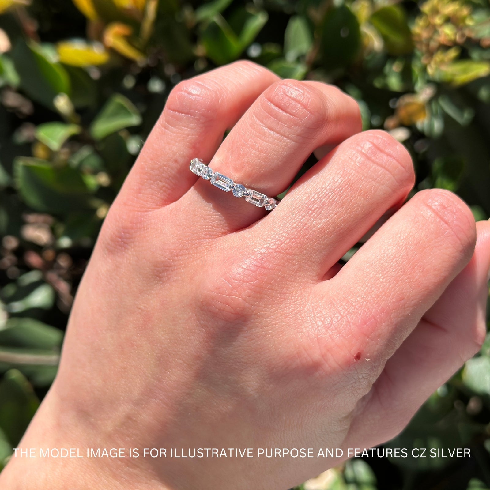 Full Eternity 3mm Emerald Cut & Round Cubic Zirconia Wedding Band 925 Sterling Silver