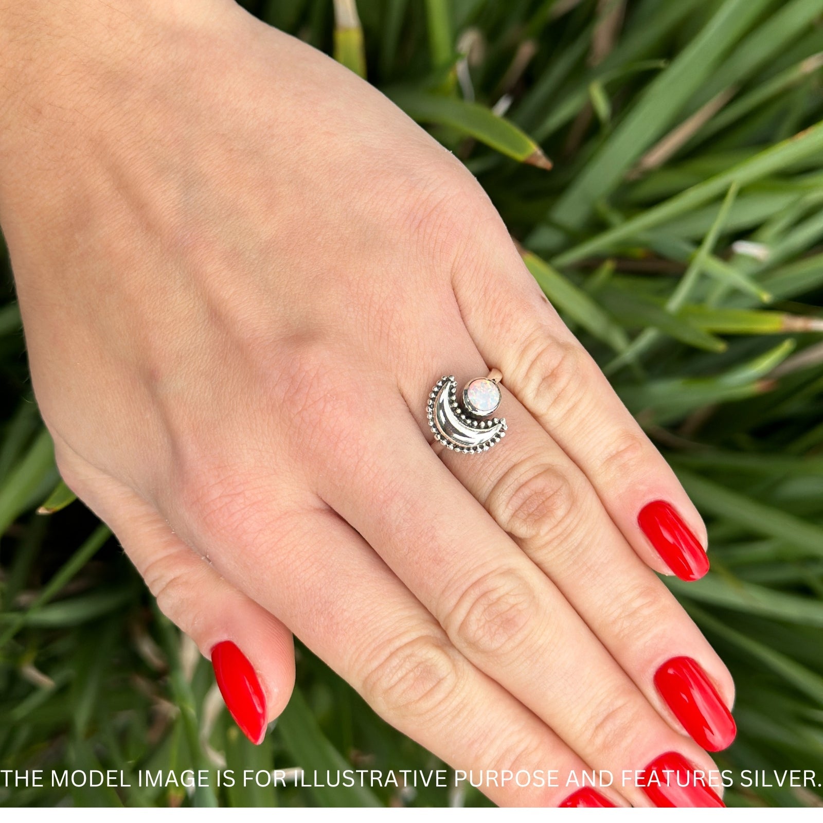 Crescent Moon Ring Opal Oxidized 925 Sterling Silver