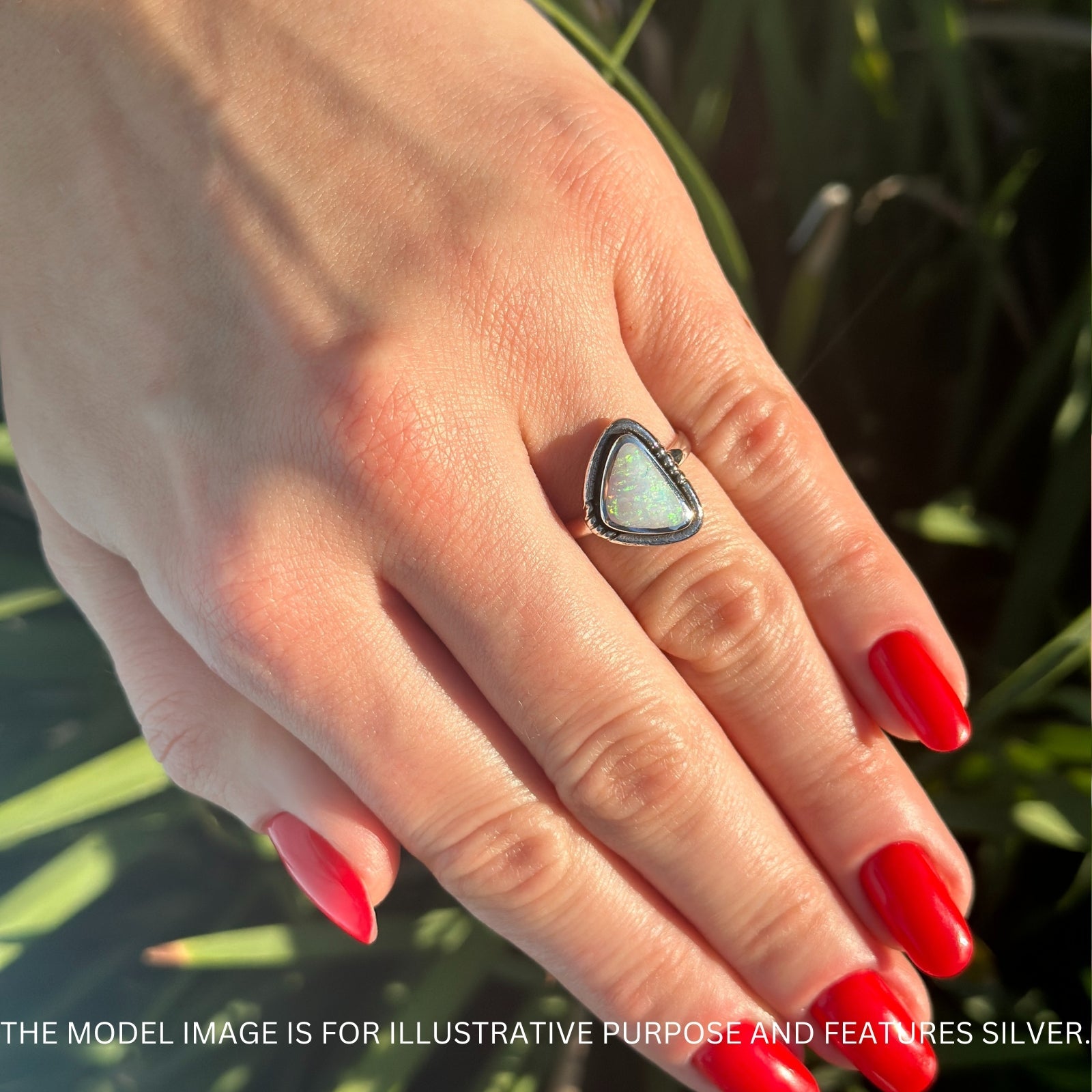 Triangular Ring Created White Opal & Blue Opal Oxidized 925 Sterling Silver