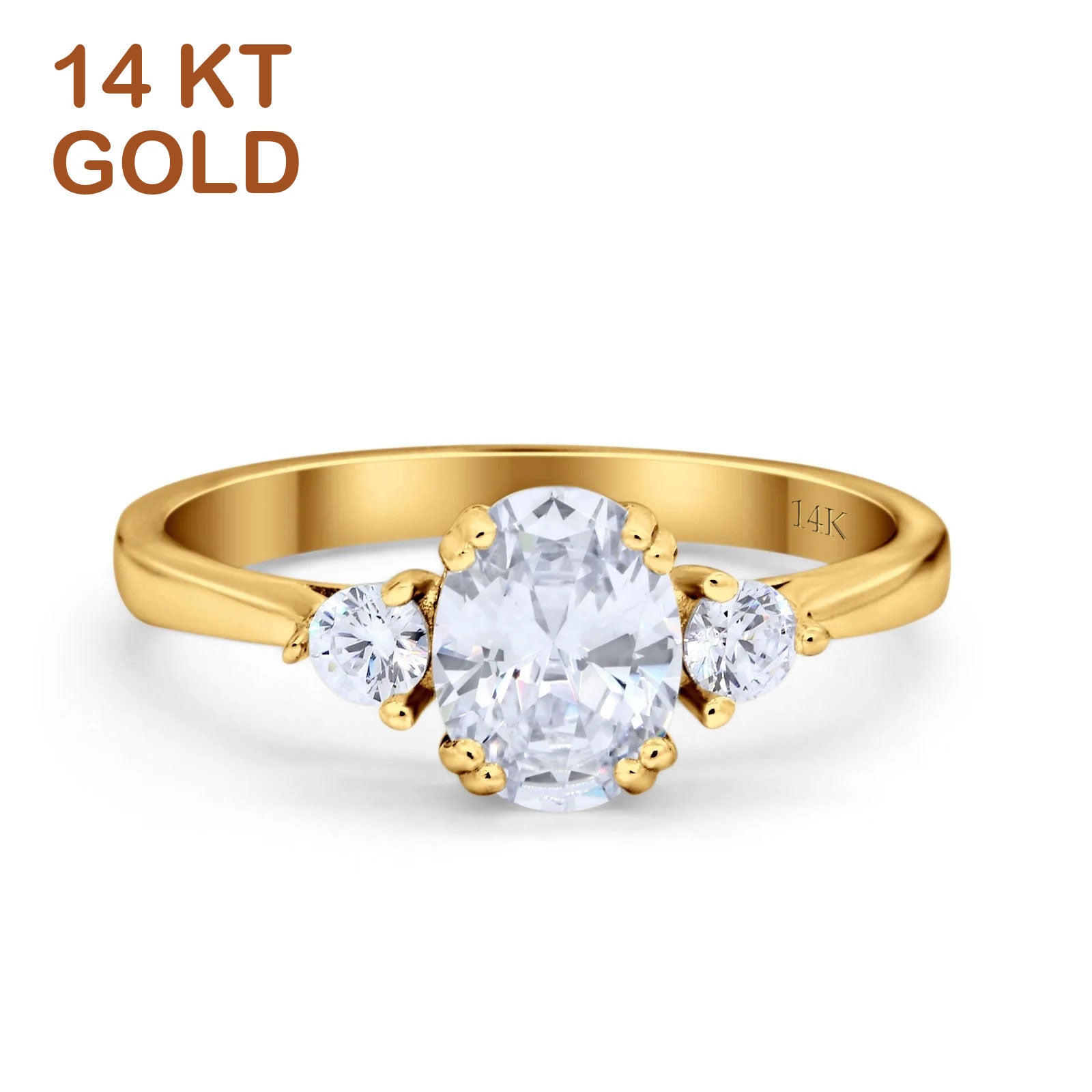 14K Gold Three Stone Oval  Cubic Zirconia Wedding Engagement Ring