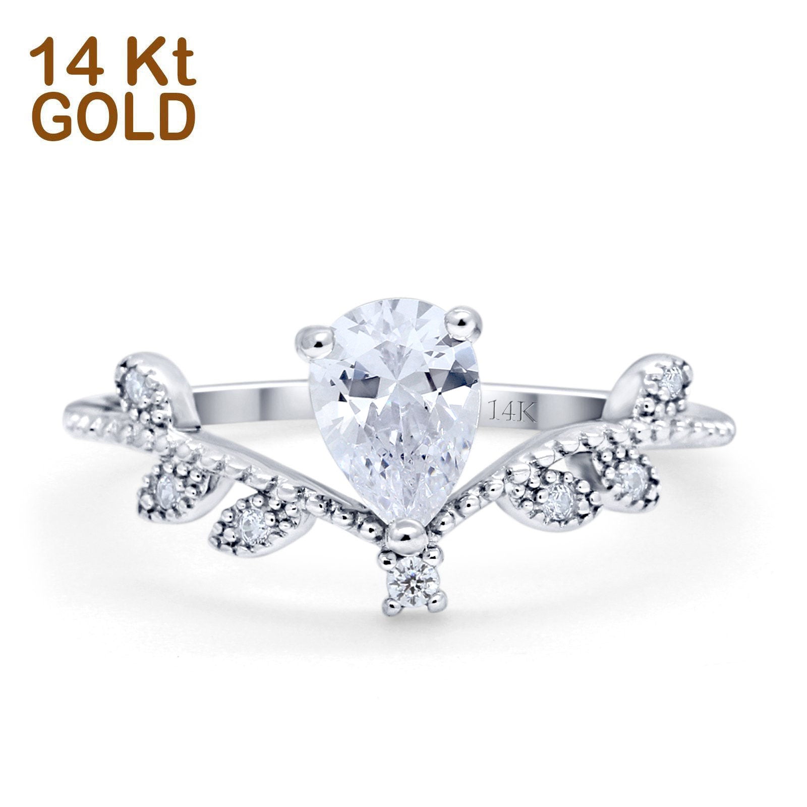 14K Gold Chevron Teardrop Pear Cubic Zirconia Engagement Ring