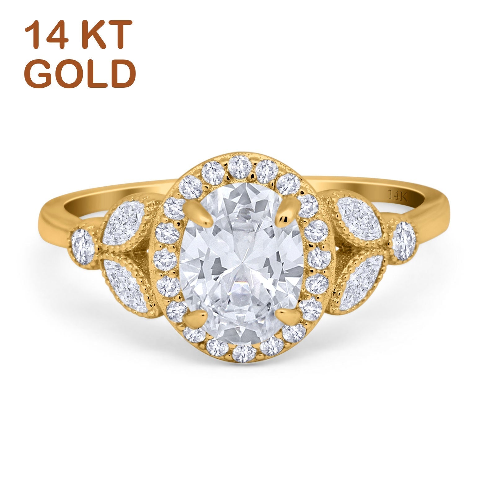 14K Gold Oval Art Deco Engagement Ring Simulated Cubic Zirconia