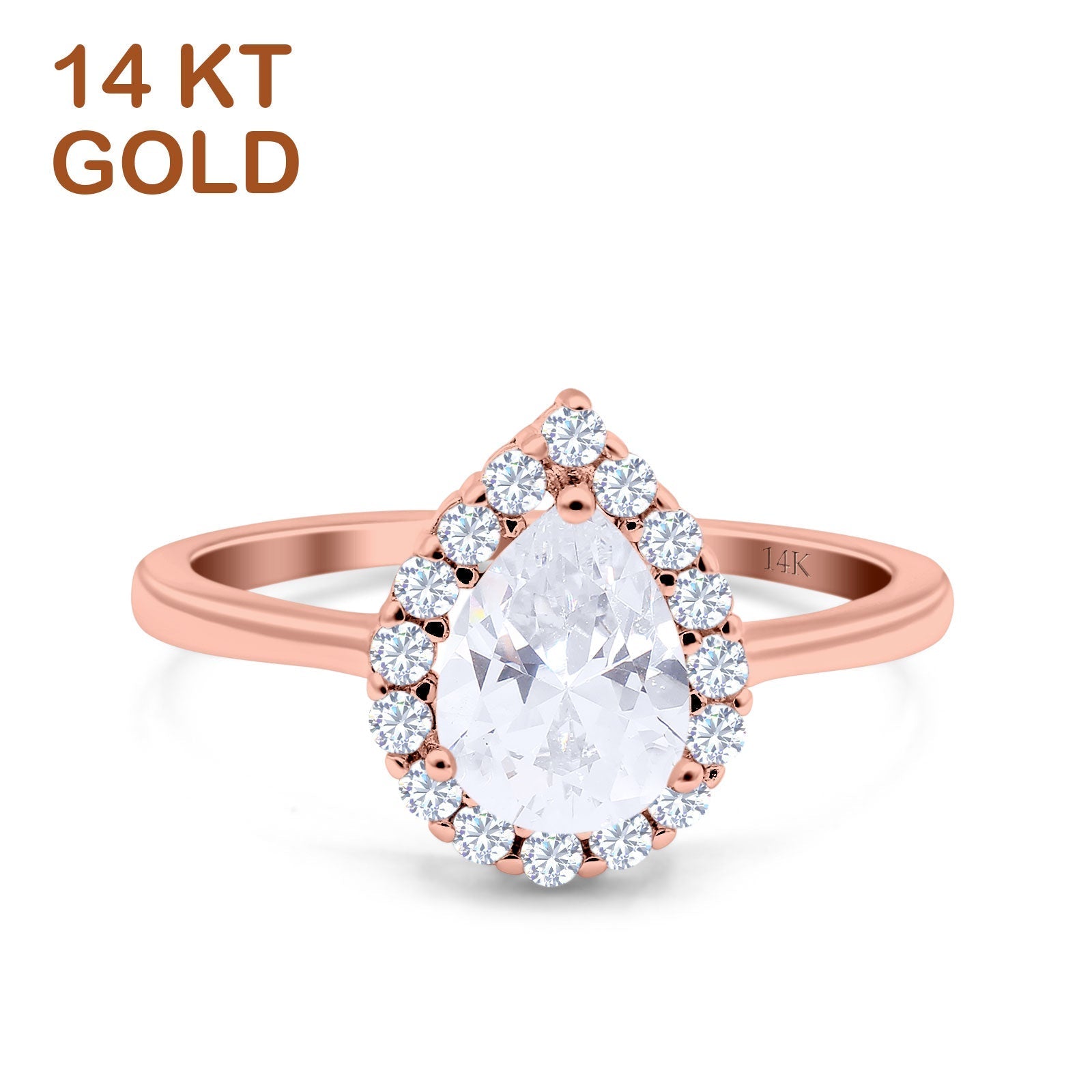 14K Gold Teardrop Halo Art Deco Pear Simulated Cubic Zirconia Wedding Engagement Ring