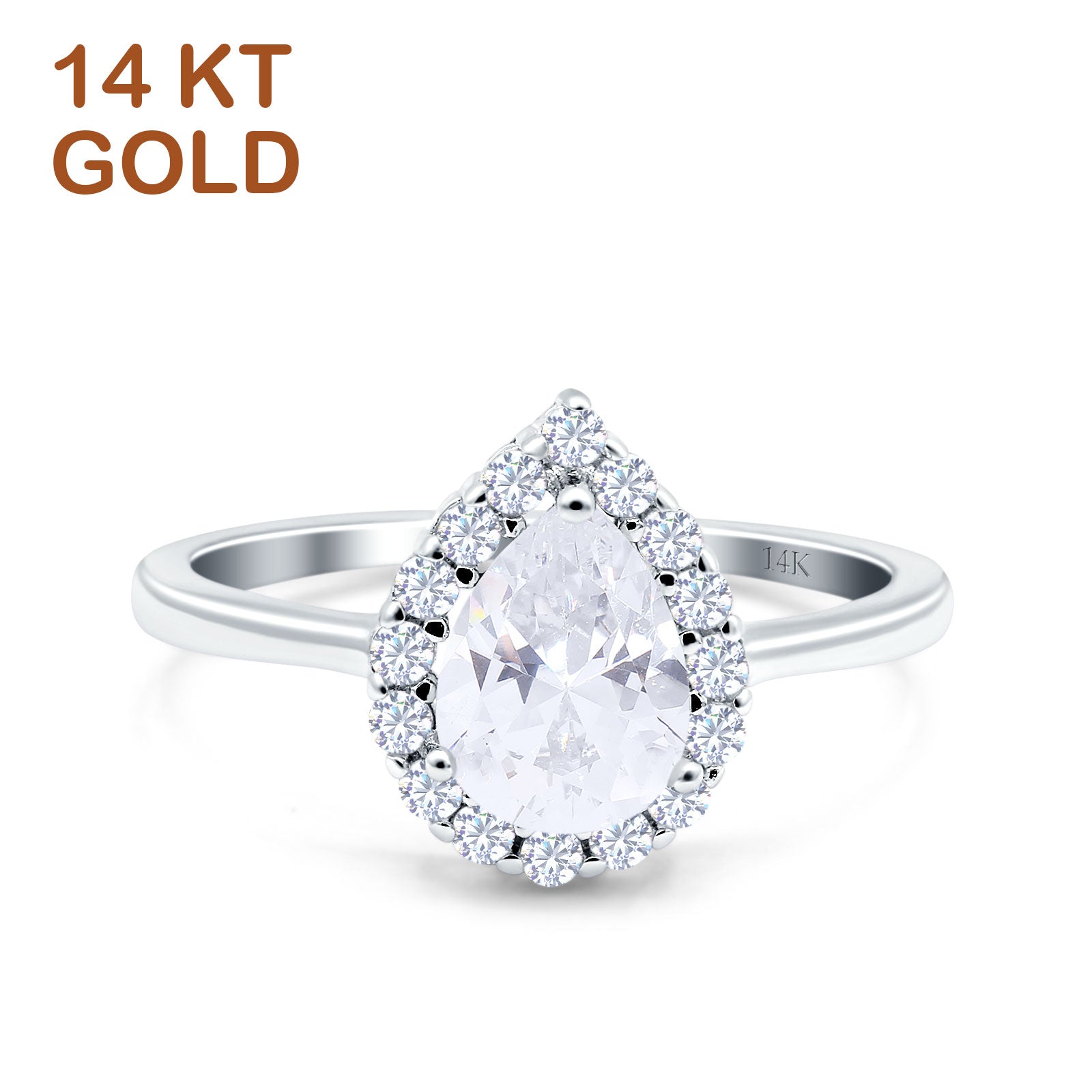 14K Gold Teardrop Halo Art Deco Pear Simulated Cubic Zirconia Wedding Engagement Ring