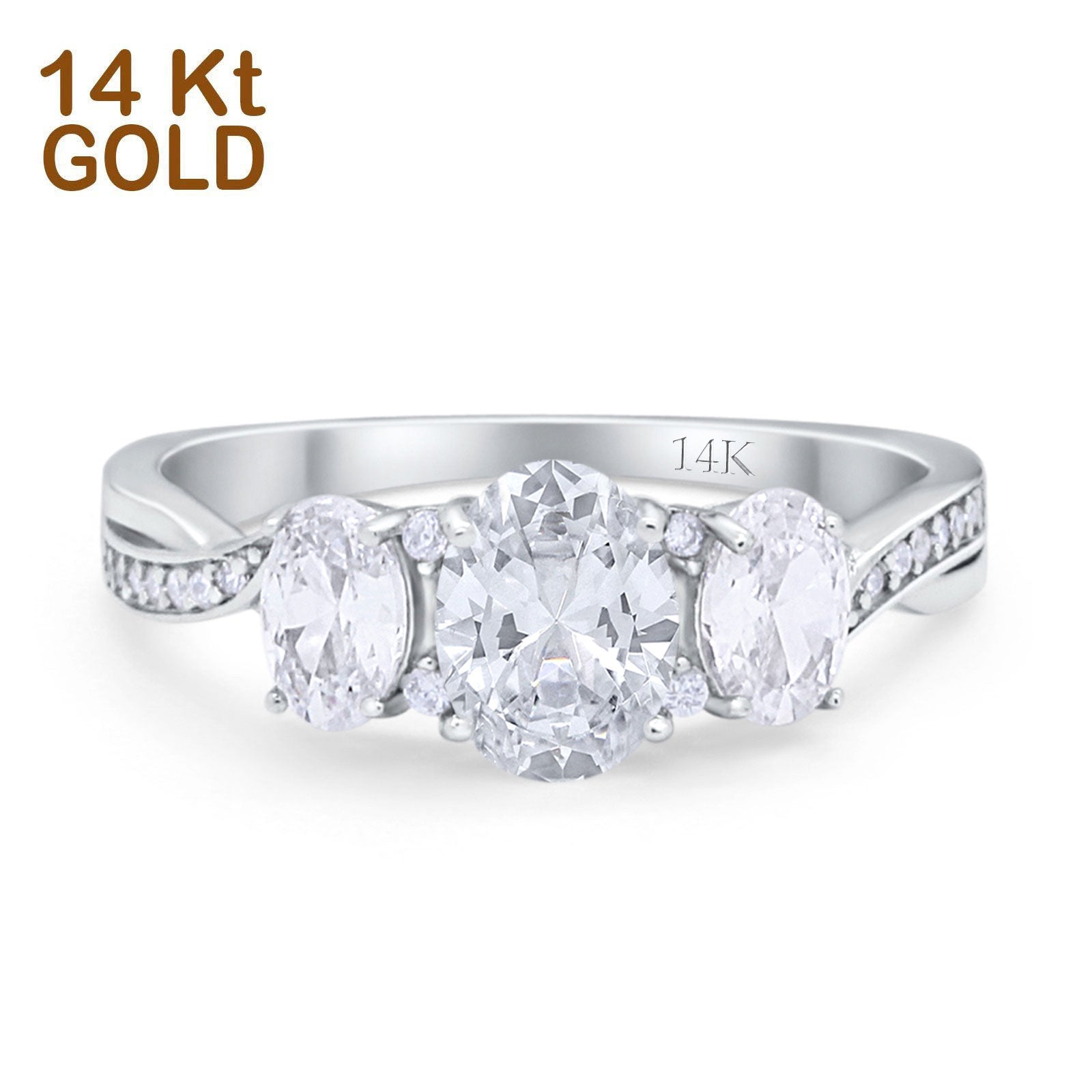 14K Gold Oval Three Stone Cubic Zirconia Engagement Ring