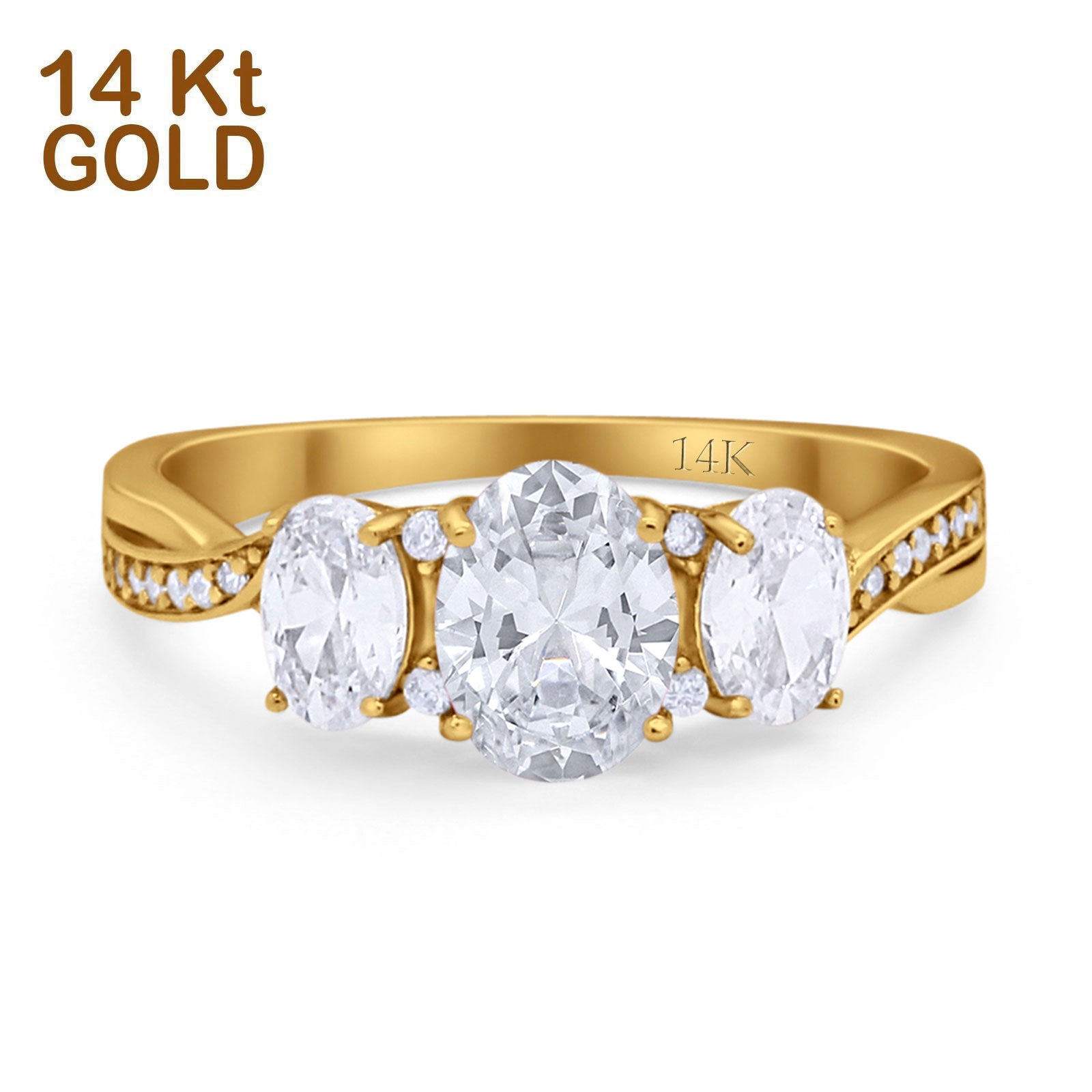 14K Gold Oval Three Stone Cubic Zirconia Engagement Ring