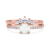 Two Piece Vintage Style Bridal Set Ring Band Round Lab Created White Opal Simulated CZ 925 Sterling Silver