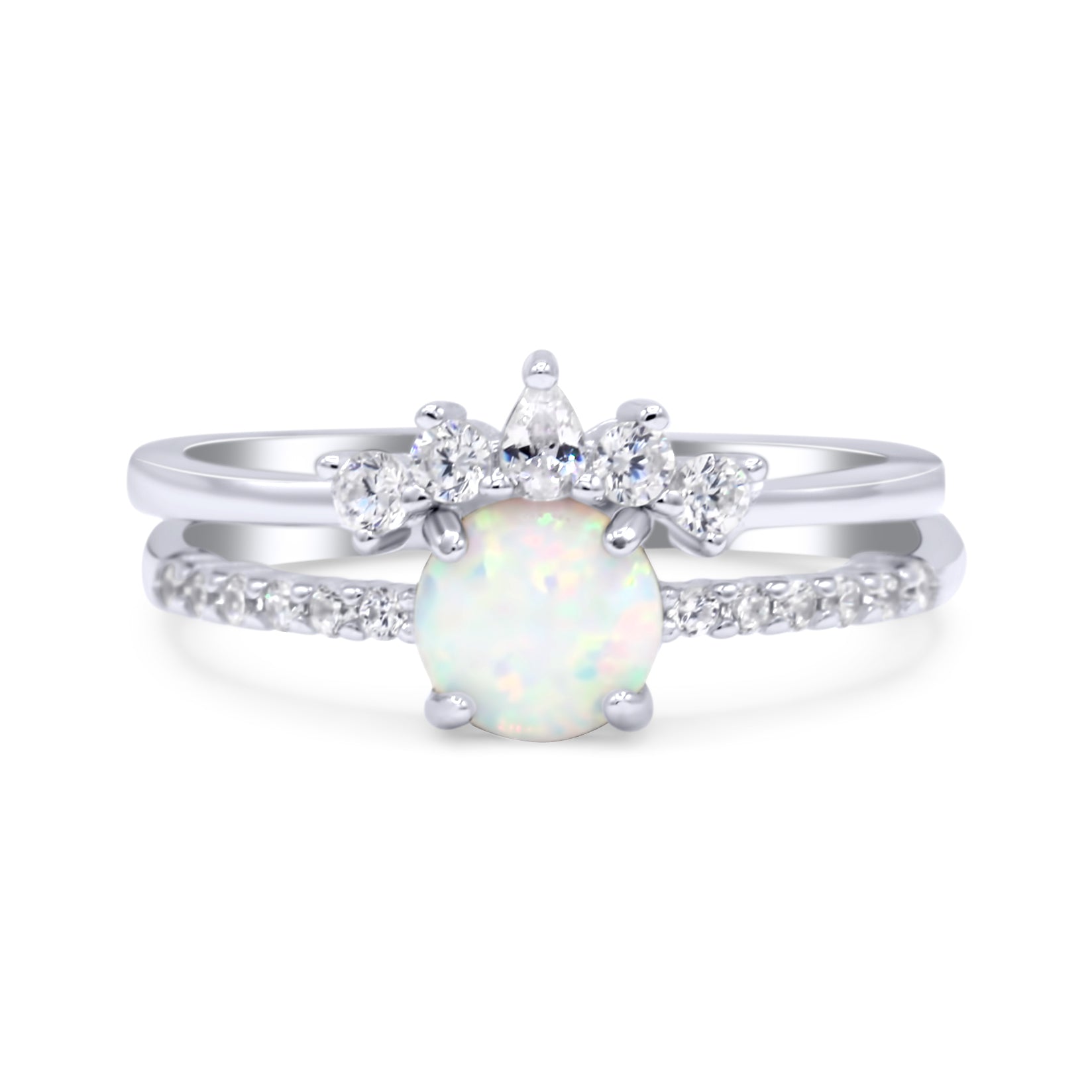 Two Piece Vintage Style Bridal Set Ring Band Round Lab Created White Opal Simulated CZ 925 Sterling Silver